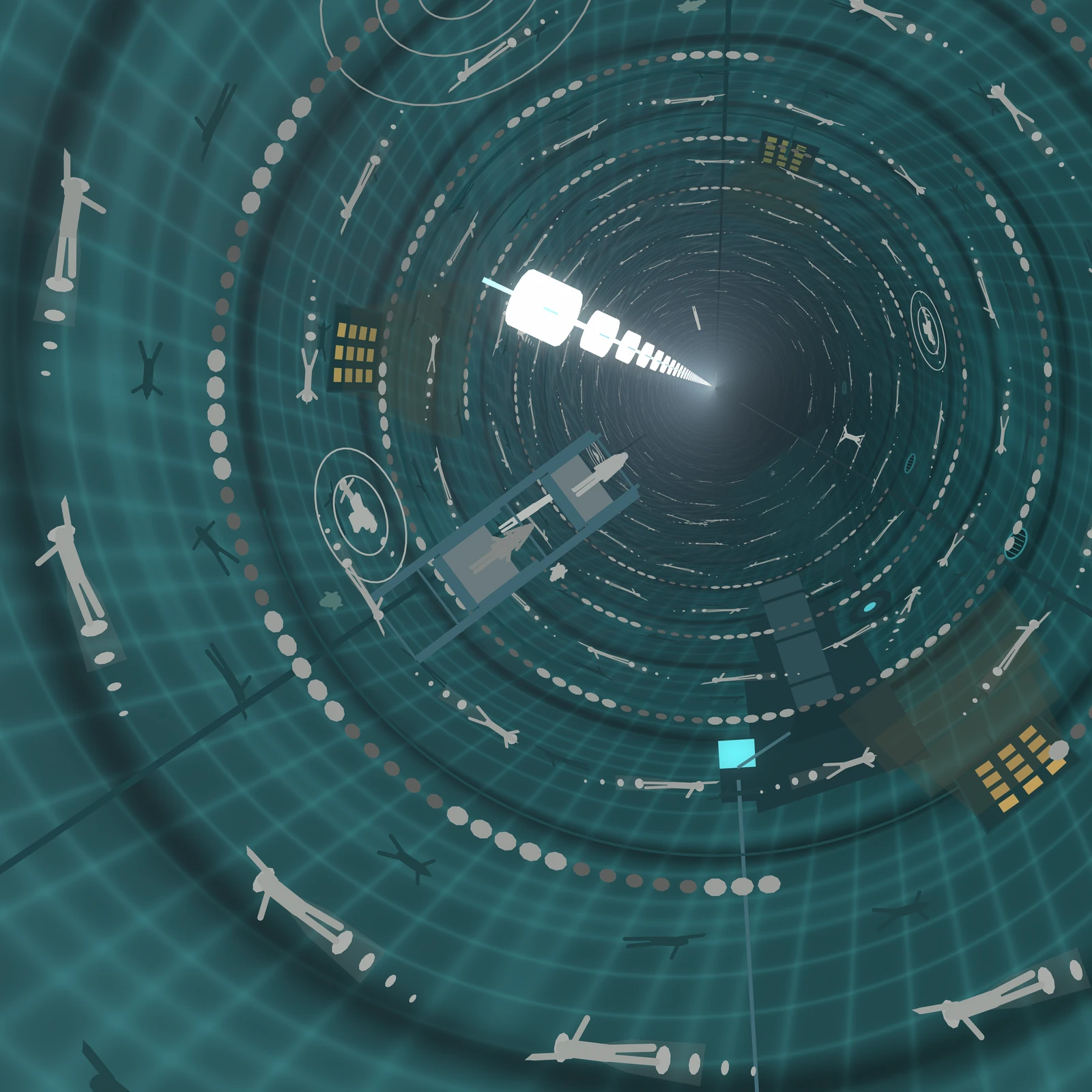 An artistic imagining, not real hardware. A view straight down the axis of a rotating habitat drum whose outer wall holds a body of water. Because rotation makes down point outward, the water lies against the wall and the swimming lane closes into a ring, so the whole picture is a turquoise cylinder of lit water seen from inside. Painted lane lines ring the pale pool floor and a net of caustics plays over them. Strings of lane rope floats mark the lane boundaries as dotted circles. Roughly a hundred and fifty swimmers, drawn as flat hard edged silhouettes with no faces or interior detail, repeat around the drum in concentric lap lanes, each trailing a faint wake and casting a shadow outward onto the floor. A lamp gantry hung just off the spin axis runs away into the haze as a line of bright capsule luminaires, converging on a distant vanishing point set off centre. On the floor sit a heat exchanger and pump plant with a cyan lit switchgear face, a cable run sweeping around the drum, and amber heating panels sunk flush in the floor with warm water lifting off them. A lattice diving tower rises inward from the surface toward the axis with figures standing on its platforms, and several divers fall outward through the air toward the water.