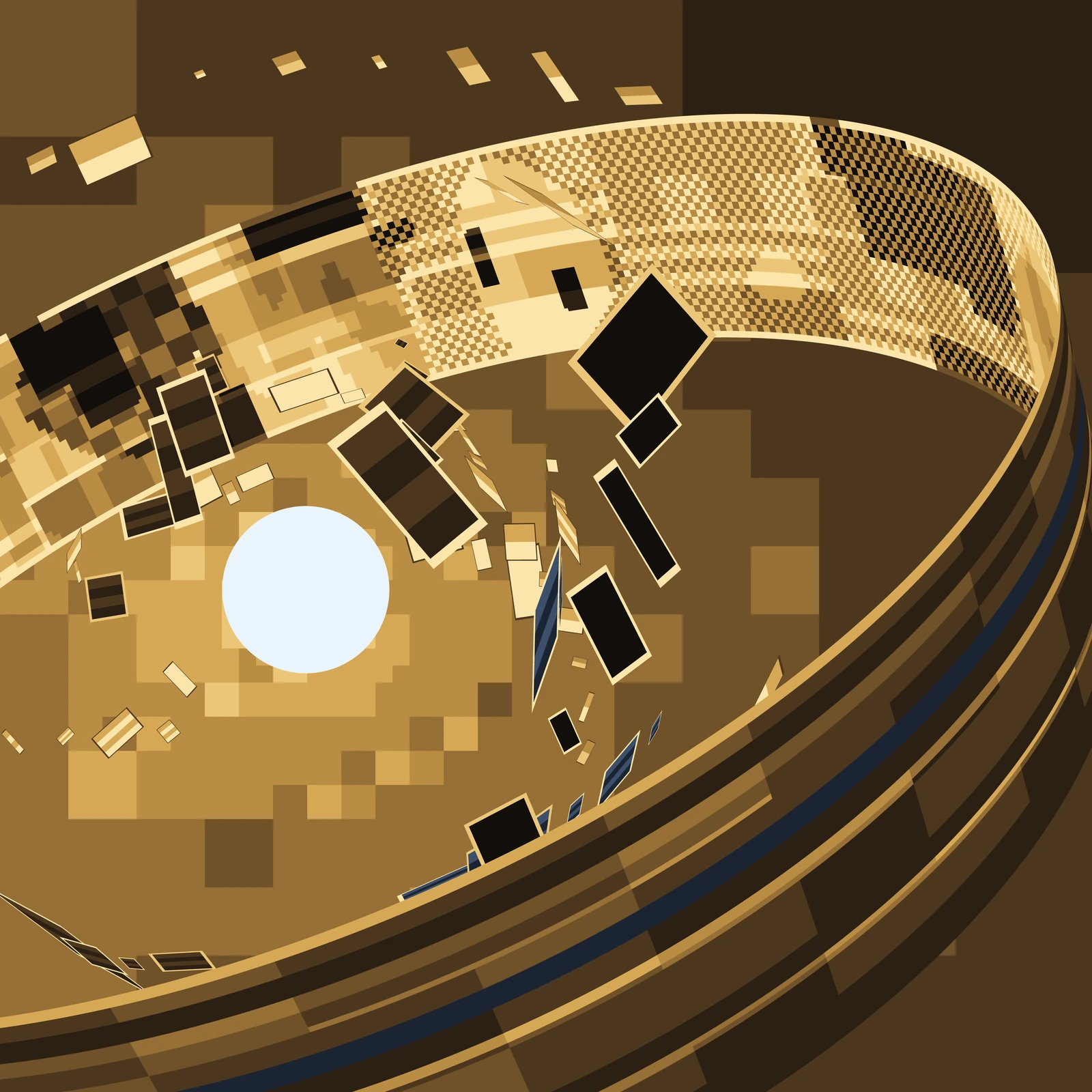 An artistic imagining, not real hardware, and fully speculative. A colossal ring seen from outside and a little above its plane, drawn entirely in flat unmodulated planes on a nine step gold scale with two slate counter tones. The ring enters at the left edge, sweeps across the top of the frame as a broad pale gold band, turns at its right limb inside the frame, and comes back across the bottom as a dark banded surface, so the two arcs read as one continuous ring. The upper band is the ring's inhabited inner floor, resolved into a matrix of small rectangular cells: checkerboards of dark collector fields, blocks of bright city lattice, pale highlands, and a few slate blue seas, with several hard edged black rectangles of night printed across it. A bright hairline runs along the ring's edge wall the whole way round. A cool white disc, the star, stands off centre in the enclosed space, the only cool colour in the picture, and the sky around it is stepped into flat square planes that brighten toward it. Between the star and the ring float dozens of flat rectangular plates in graded marching rows: those beyond the star are pale and lit, those nearer the viewer are near black with a thin bright rim of spilled starlight. The dark lower arc carries unequal strips, two of them warm, where the waste heat leaves. No text or insignia appears anywhere.