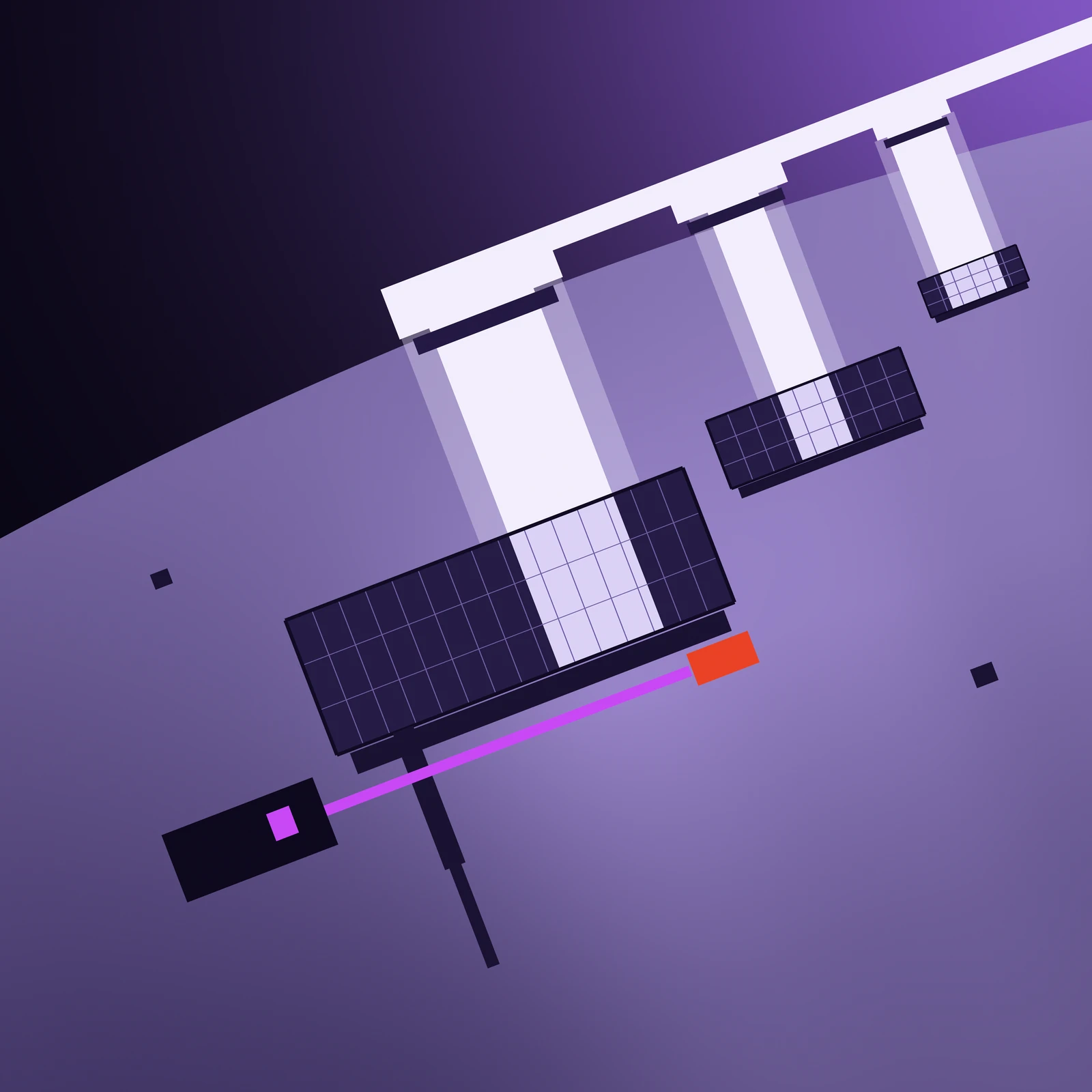 An artistic imagining, not real hardware. A violet field tilted so that nothing in the frame is level. A black sky fills the upper left, cut off by the long shallow curve of a crater rim; everything below the rim is the graded violet gloom of a permanently shadowed crater floor. A hard white band of sunlight runs along above the rim from the upper right corner, where the sky glows violet with the sun just outside the frame. Three flat white mirror plates of decreasing size hang from that band of light, and each drops a solid white shaft of reflected light down into the shadow. Each shaft lands on a dark violet collector plate ruled into a fine grid of cells, and where a shaft strikes, a pale flat plane is cut into the plate. The largest collector floats near the centre of the frame with a slender two stage mast hanging free beneath it. A small red block at its lower edge feeds a bright violet line that runs down across the field into a low dark building with one lit aperture. Two small dark squares float in the empty violet void.