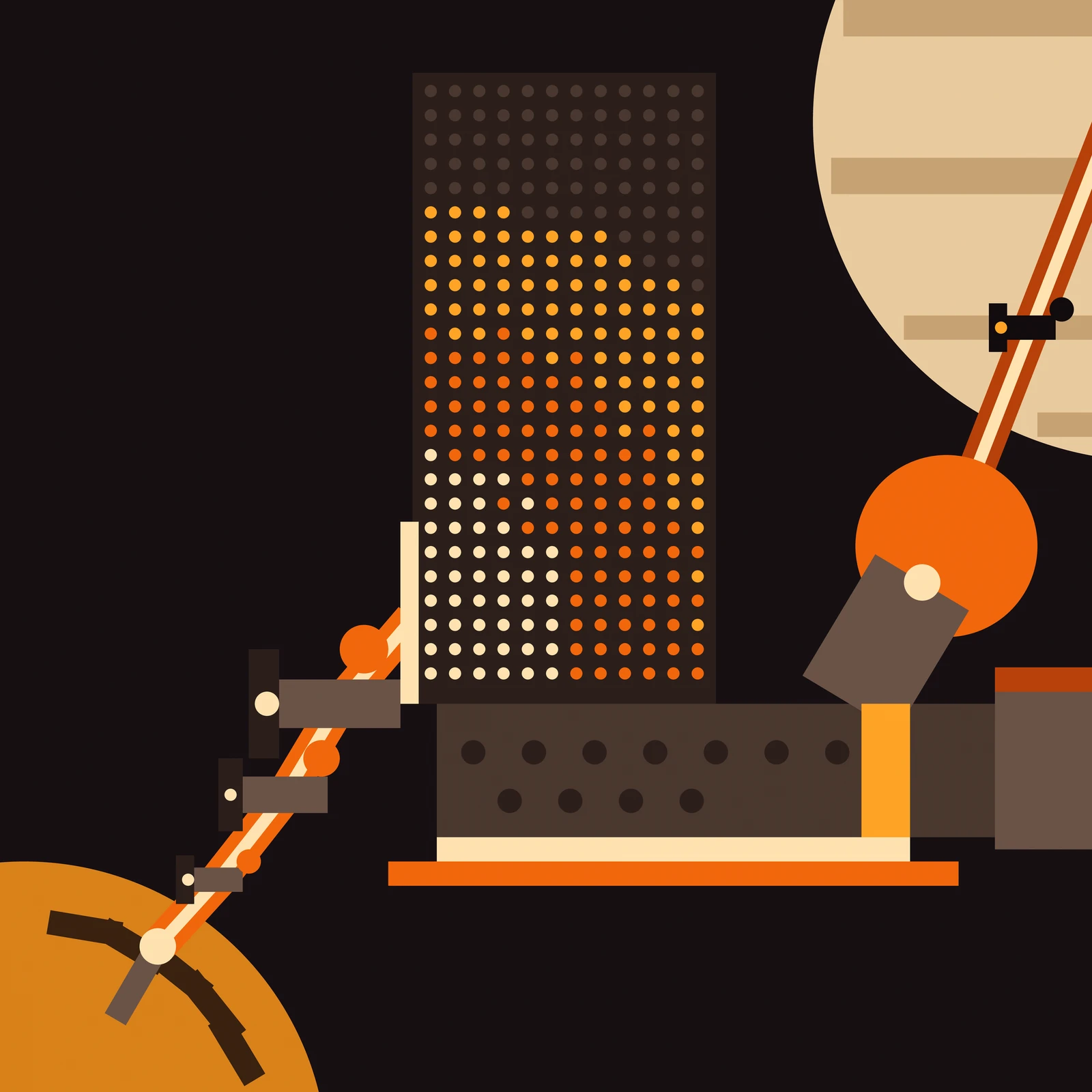 An artistic imagining, not real hardware. A flat poster style illustration on a near black warm field. At the lower left a large orange planet disc, cropped by the corner, carries a curved rank of dark collector plates and a small pale launch aperture on a short mast. From it a narrow orange beam with a pale core climbs to the upper right, passing through three small relay stations that grow larger as they come nearer. The beam strikes the lower left edge of a tall dark panel standing at the centre of the frame, covered edge to edge in a regular grid of small flat circles: the circles nearest the strike point are pale cream, then orange, then amber, then unlit dark toward the top, so the lit region reads as the energy that landed. Below the panel a long horizontal machine body carries two staggered rows of dark round ports, a bright cream bus bar along its underside with an orange bar beneath that, an amber riser at its right end, and a flat radiator slab that runs off the right edge. A large orange dish crossed by a grey feed boom sits above the body's right end and throws a second beam up to the right, past one small relay seen in silhouette, onto a large pale cream planet disc banded with darker cloud decks and cropped by the top right corner.