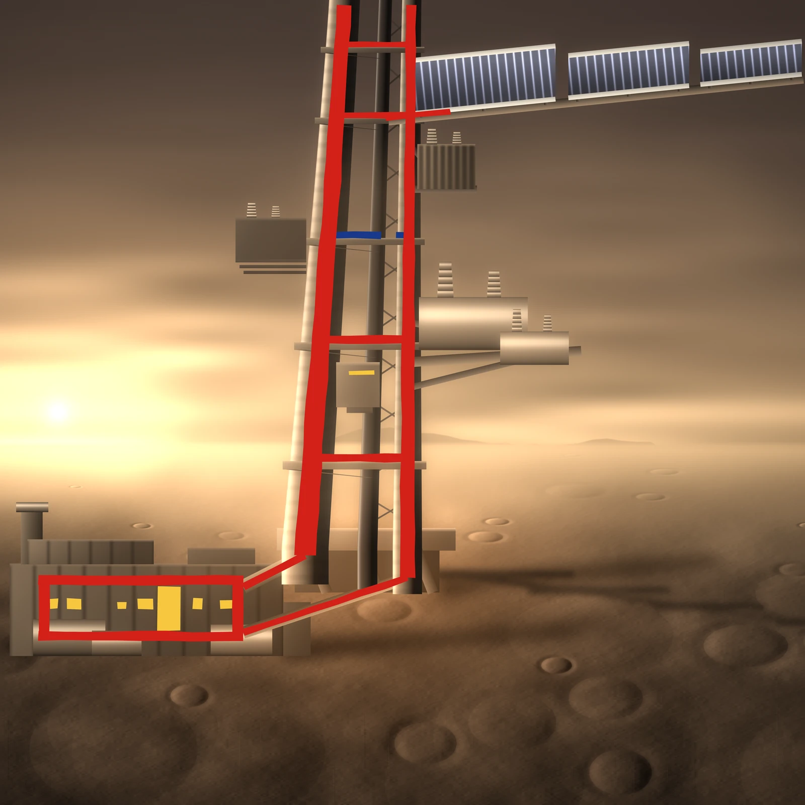 An artistic imagining, not real hardware. A continuous tone illustration in warm earth browns. A tall lattice spine rises from a dusty cratered plain, leans a few degrees off vertical and runs out of the top of the frame: two round conductor rails of different diameters flank a darker climber mast, tied together by five horizontal decks and by diagonal bracing that zigzags on one side only. A small fierce sun sits low at the left, washing the horizon pale gold and throwing long shadows across the plain to the right. Pasted flat on top of this modelled world, with slightly wavering scissor cut edges and no shading whatsoever, is one unbroken red shape: it comes in at the upper right along the spar of a stepped solar wing, runs down both rails, crosses four of the five decks as flat rungs, drops at the foot of the spine, draws a plain rectangle around the low works at the lower left, and returns up the slimmer rail. At the middle deck the rung is blue instead of red and is visibly broken, a clean gap left where the circuit has been opened, with a wheeled breaker cabinet racked out to the left on its rails and two ribbed bushings standing on its lid. Flat yellow marks show what the power is for: a row of unequal lit windows and one tall lit doorway inside the red rectangle, and one small lit slot in the climber car parked in the track halfway up the spine. Machinery hangs off the spine at three unequal heights, a finned transformer high on the right, two horizontal breaker tanks of different sizes right of centre, and the racked out cabinet at the open rung. Low lit dust hangs around the anchor deck.