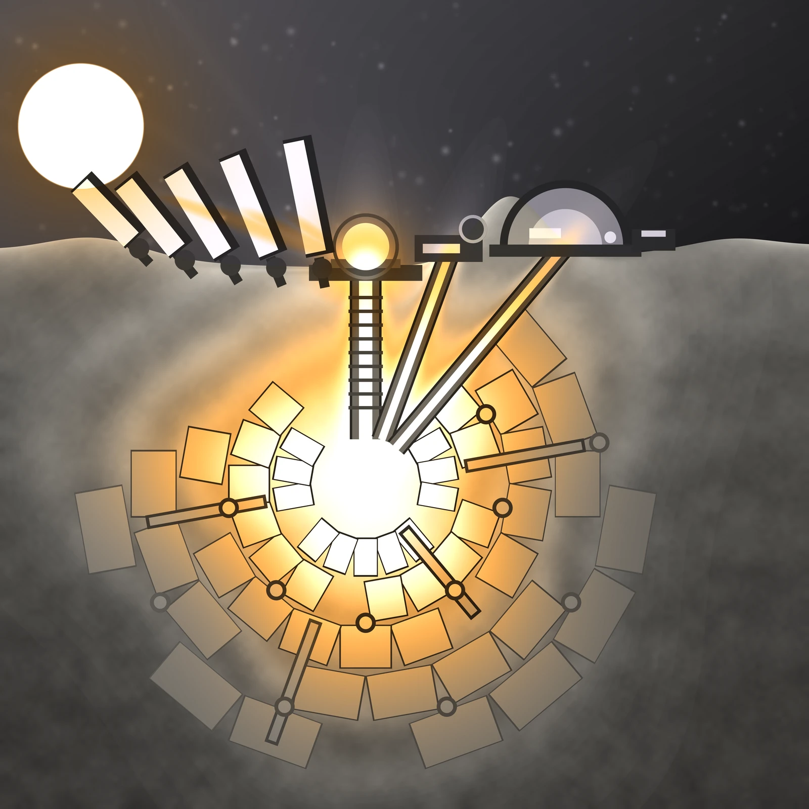 An artistic imagining, not real hardware. A continuous tone cutaway of grey rock under a black sky, seen in section. At upper left a huge pale sun sits just above the basin floor; a leaning row of five heliostat blades, each tilted a little further than the last, throws a faint converging light onto a small blazing disc at the mouth of a shaft. The shaft, a narrow rectangle rungged like a ladder, drops from that receiver into a heart of white gold light with no drawn edge. Around the heart, courses of rectangular storage blocks are laid out on a radial brickwork, each course staggered against the one inside it, with gaps left for service voids. The blocks nearest the heart are white hot, the next courses glow amber, and the outermost courses cool to the exact grey of the stone and disappear into it; thin radial tie rods and small circles mark the joints, fading as the heat in them fades. Two pipes rise from the heart to the right, one to a low block on the ridge crest and one to a half domed habitat standing in the ridge's shadow, its interior lit warm gold. Purely procedural geometry; no text, no insignia, no real facility depicted, nothing shown exists.
