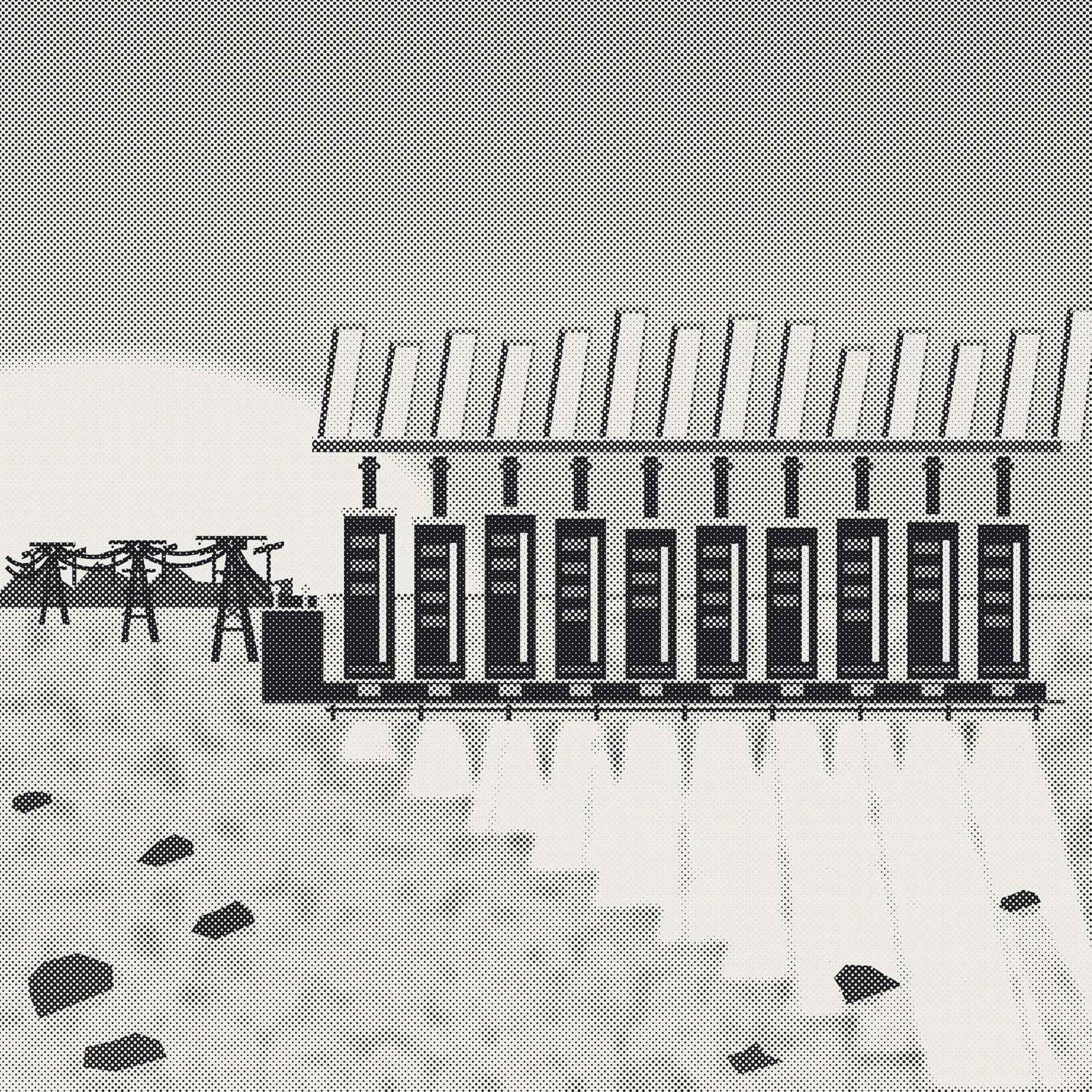 An artistic imagining, not real hardware. A square plate printed as one coarse halftone screen in a single grey ink on bone paper. Across the middle, ten identical dark computing cabinets stand shoulder to shoulder on a low shelf, each with a stack of pale module slots and one bright vertical strip of status light, fed from a heavy bus duct running along their feet. Above them a horizontal manifold carries risers up to a row of canted radiator panels whose faces read almost white against a deeper grey sky. At the left, a low ridge set with small collector masts stands in silhouette against a bright dome of daylight lying just beyond the horizon, and three braced lattice towers walk a pair of sagging conductors in from that light to a switch house at the end of the shelf. In front, keystoned fans of pale ground open below each cabinet, growing wider bay by bay from left to right, edged with a darker rim of re-deposited frost and crossed by the long shadows of the shelf posts and of a few boulders lying in the thrown light.