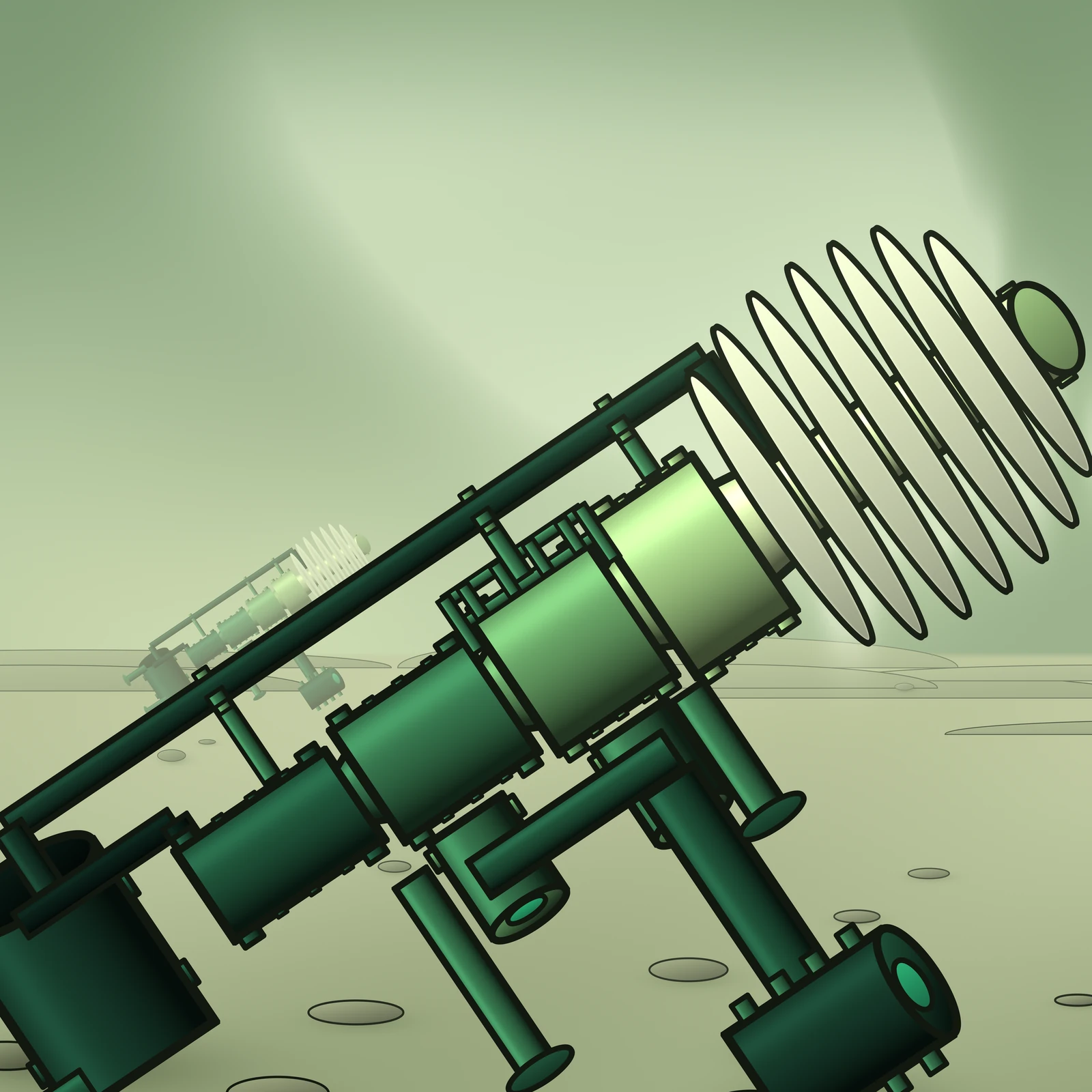 An artistic imagining, not real hardware. A square plate in one green, painted as modelled tubes on a pale sage sky and a pale ash plain. A single machine crosses the whole picture on a rising diagonal from the lower left corner to the upper right. At the low end, half cut by the frame, stands a dark bottle green drum, the coldest thing in the picture, banded with two collars and tapped by a pair of short pipes with disc feet. A dark line leaves it and enters a cascade of four cylinders laid along the climb, each one wider than the one before it and each a step paler, ringed at both ends and belted with three thin collars. Two upright cans stand out of the cascade on the perpendicular axis, each capped with a small saturated green disc. A heavy conduit runs down and to the right from the cascade to a second drum standing clear on the plain, ringed four times and capped with its own bright green disc. A slim dark return pipe runs the full length of the machine below it and drops back into the cold drum, tied up to the cascade by three short risers, and two splayed tubular struts with round feet hold the whole climb off the ground. A short ladder of rails and rungs is fixed to the third stage. Past the last stage the machine narrows through a pale neck into a threaded stack of seven near white elliptical plates of unequal span, hot enough to glow, which runs off the top right corner and closes on a green end cap. A broad pale plume leans up and to the left across the sky above the plates. Small boulders and long low swells lie on the plain, and far off at the left, small and hazed almost into the air, a second machine of the same design stands on the horizon.