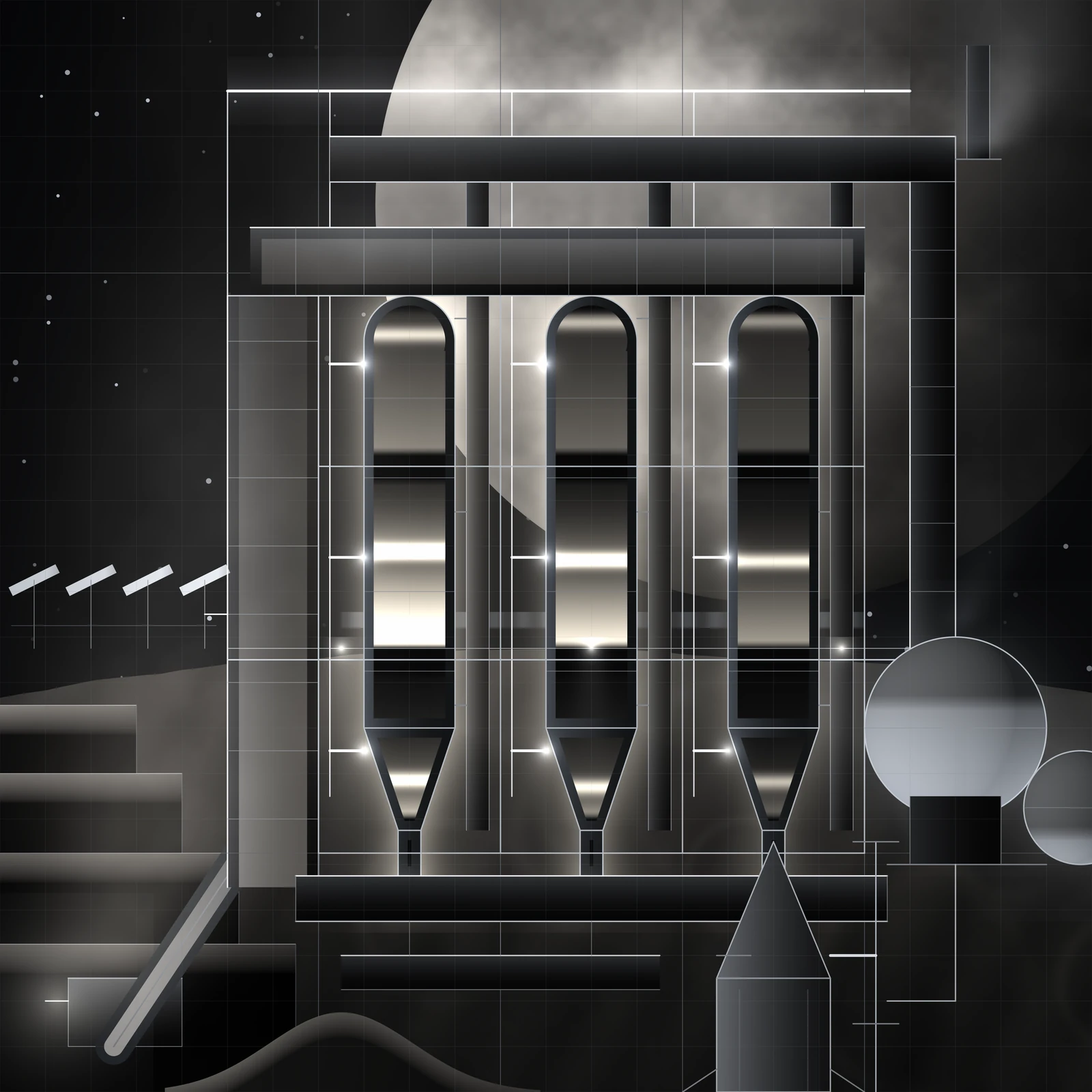 An artistic imagining, not real hardware. A square plate in near neutral greys and warm whites, dark throughout, with a fine ruled grid printed on top of the whole picture, over the sky and the machinery alike. A large soft disc of Mars fills the upper part of the frame and passes behind the plant. In the centre stand three tall vertical retorts, each a domed cylinder narrowing to a discharge cone and a small draw off chute. Horizontal rules cut each retort into three stacked hearths, giving nine chambers in all, and every chamber holds a different depth of glowing charge, from a nearly full white hot bed to a low dull one, so the bank reads as one batch caught at nine different hours. A three by three arrangement of column and row rules is set around the vessels like a table, and those rules run on past the machinery to the edges of the plate. Across the top a single bright horizontal line runs the width of the plant as a power bus, fed from the left by a mast; three vertical risers drop from it and end in small hard points of light where they tap the left flank of each hearth. Above the retorts a wide horizontal duct is the vapour collection header, and it turns down the right hand side to a large pale sphere with a smaller sphere below it, both holding cryogen. From the spheres a live arm reaches out to a tanker standing on a pad at the bottom right, drawn as a cone on a squat body inside a service gantry. At the left a stepped bench cut descends toward the viewer with a cutting machine on its floor throwing a hard white light, a diagonal ducted bridge carries the cut rock up to a tall lift shaft, and four tilted collector panels stand on the ridge above. Dust rises from the working face and drifts across the plate, vapour leaves the head of the bank, and a thin plume stands off a relief stack at the top right. No text, no lettering, no insignia. Nothing shown here exists.