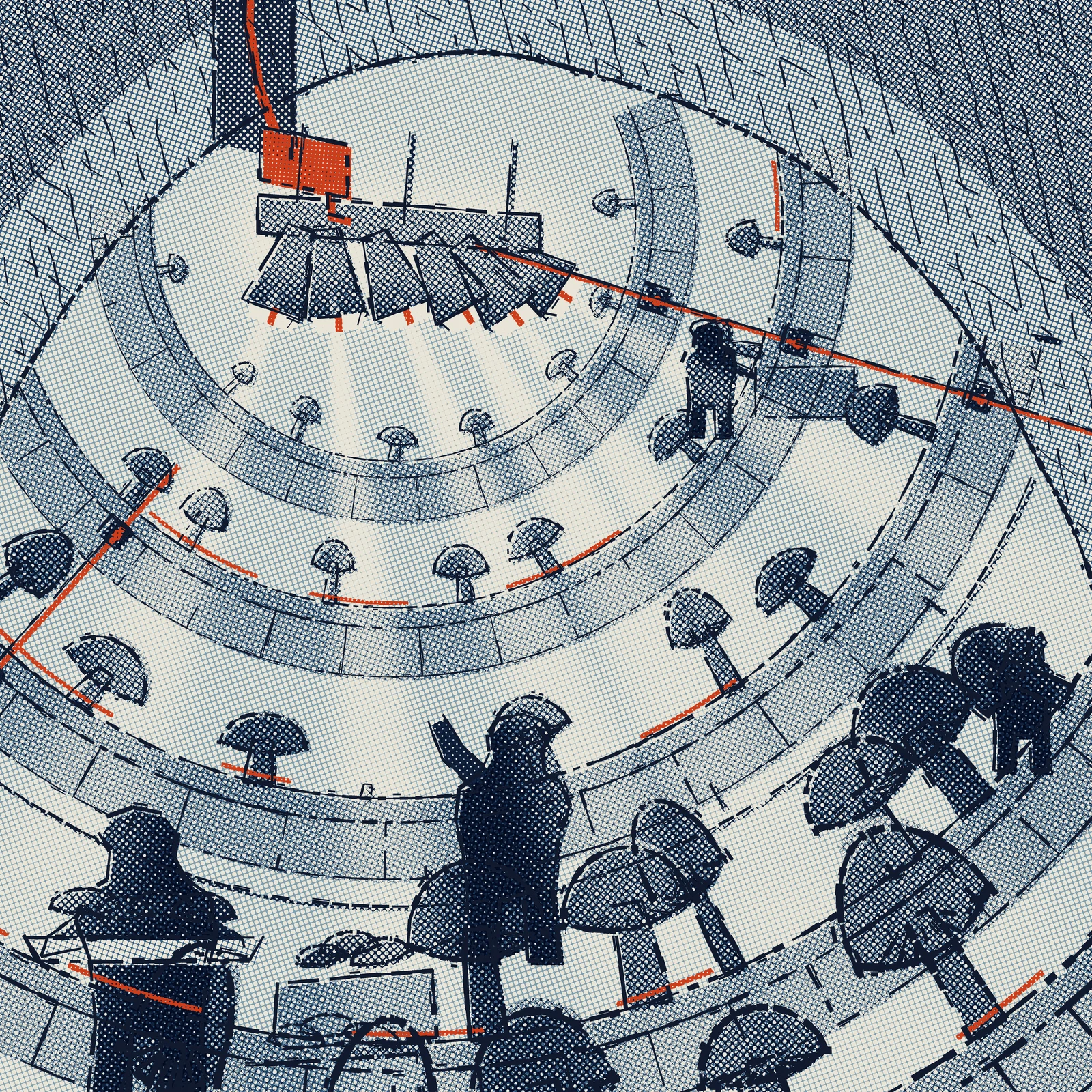 An artistic imagining, not real hardware. A square print on pale stock, drawn in scratchy broken ink strokes over blue halftone dot screens that sit slightly out of register with the drawing. The scene is the inside of a rounded chamber cut into rock: a crosshatched rock ceiling arches across the top of the frame and down both sides, and a narrow bored shaft enters at the top left, carrying one vermillion cable down to a small vermillion switchboard bolted under the crown. A horizontal lamp gantry hangs from the ceiling high and left of centre, slung with six angled luminaires whose mouths are left as bare paper with a hot filament line across each. From them a fan of pale light cones spreads down and outward across the chamber. Five curved growing terraces stand in concentric ranks around the lamps, each a shelf with a ribbed substrate skirt hung beneath it, and each rank carries a row of mushrooms whose domed caps and gill ticks face inward, so every stalk in the vault leans toward the lamps. The mushrooms grow larger toward the front of the frame, where several reach the height of a person. Two vermillion service risers run outward from the lamp hub across the terraces, tapping each rank at a small junction box, and short vermillion dashes run along the inner rails as heating elements; a thin hoop of misting nozzles crosses the middle distance with faint plumes. Four faceless suited workers are at work in silhouette: one at the lower left holding a pale tray of cut caps, one at the centre reaching up to a cap, one small figure on the far right, and one pushing a cart near the lamps. Stacked crates of cut mushrooms sit at the front. No text, no insignia, no lettering. Nothing shown here exists.