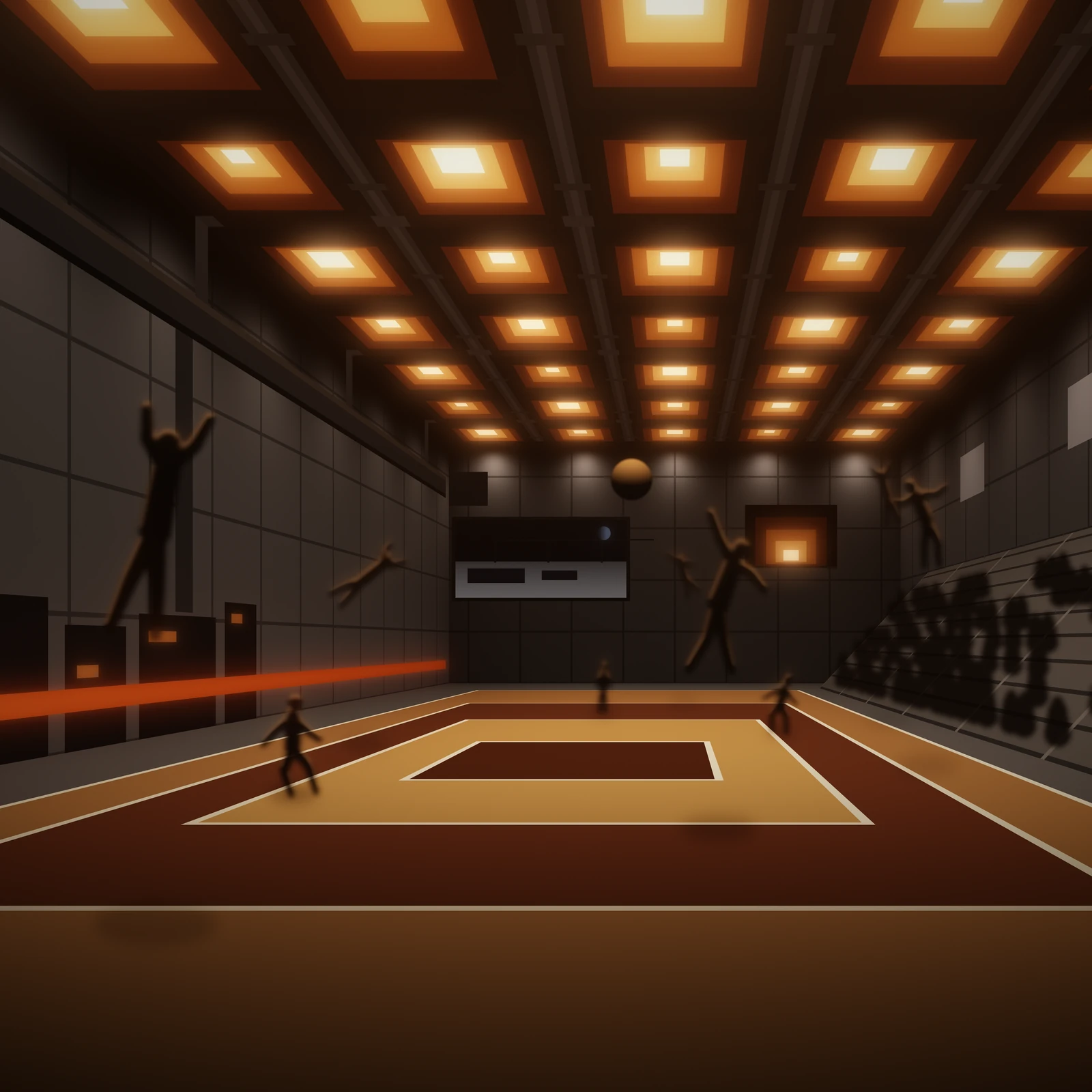 An artistic imagining, not real hardware. A dark, warm orange interior view down the length of a pressurised lunar sports hall, rendered entirely in continuous tone. The ceiling is a deep perspective grid of forty lamp bays, each bay a set of five nested rectangles running from a near black outer frame through burnt orange and signal orange to an amber and warm white core, the inner rectangles pushed off centre toward the viewer, and the nesting proportions cycling from bay to bay so no two neighbours match. Bare busbar runs and short droppers thread between the bay columns and carry back to risers on the left wall. Below, the court is the same nested rectangle figure laid flat in four bands of red brown, tan and dark paint, and the lamp pools sweep across it so a single paint tone runs from hot to nearly black inside one rectangle. Nine faceless suited figures are silhouetted against the light in a jump sequence, crouched, rising, hanging at apex with arms spread, and descending, each a long way above its own soft shadow, with one ball floating high near the far wall. A raked gallery on the right holds a dark blurred crowd. Along the base of the left wall stand four switchgear cabinets with small amber indicator windows and a continuous glowing red radiant heater strip, with a trunk duct running the length of the wall near the ceiling. On the end wall a nested rectangle goal target repeats the lamp bay colours on cold dark paint, and a long window looks out on a pale regolith plain carrying two dark solar arrays and a line on masts running back toward the hall, a small blue crescent of Earth low in the black sky above it. Purely procedural geometry and tone; no text, no insignia, and nothing shown exists.