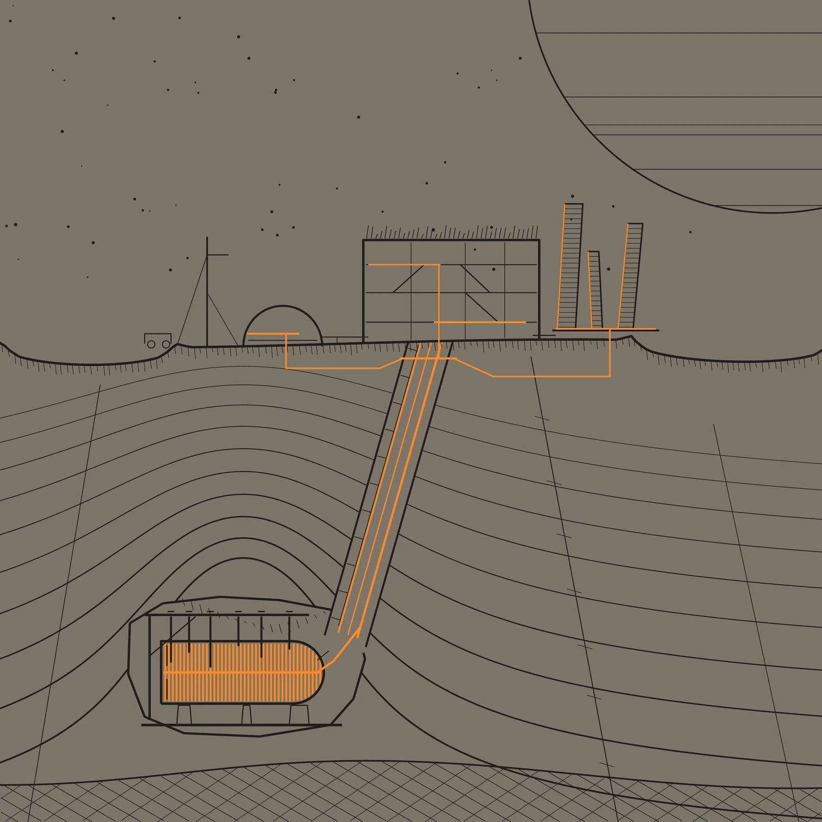 An artistic imagining, not real hardware. A cutaway section drawn entirely in line work, in three inks only: a warm mid grey ground, dark graphite lines, and one orange. The ice surface crosses the frame about two fifths of the way down, hatched with short ticks and dipping into two shallow craters. Above it stands a small settlement: a low barrel vault module on the left, a mast with one crossarm and two guy lines, a tiny wheeled vehicle for scale, a tall settlement hall drawn open in section with three floors, two stairs and a heap of regolith shielding ticked in over its flat roof, and on the right three radiator fins of unequal height and lean, ruled with fine cross ribs, standing on a common header. A cropped disc of Jupiter, ruled with a few horizontal bands, fills the upper right corner, and the rest of the sky is empty except for scattered star dots. Below the surface the crust is drawn as a family of contour lines that lie flat far away and arch into a tall dome over the lower left, crowding where the gradient is steepest and cut by three thin faults; a cross hatched band of rock closes the bottom of the frame. At the foot of that dome, inside an irregular excavated chamber, lies the source: a long horizontal containment drum with a hemispherical cap, its interior ruled in dense orange lines and crossed by one orange midplane line, with six control rods of unequal length hung from a drive beam carried on a single pier, and three unequal piers under its floor slab. An orange outlet duct leaves the cap, turns, and climbs a bored shaft that leans to the right as it rises, its left wall carrying a ladder, its bore carrying three orange trunk lines of unequal weight. At the surface those lines meet a short manifold bar and split into a shallow utilidor that runs left to the module, up into the two lit decks of the hall, and right to the hot inlet edge of each radiator fin. Every orange mark in the picture is part of that one unbroken path; nothing else in the frame is orange. No text, no insignia. Nothing shown here exists.