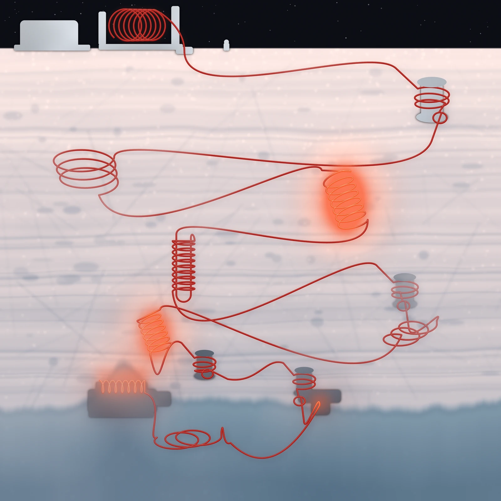 An artistic imagining, not real hardware. Continuous-tone illustration on a pale rose ice field: a cross section straight down through an ice shell, with a narrow band of black star sky along the top, kilometres of layered and bubbled ice below it, and cold blue water across the bottom. A single glowing red cable, one constant thickness from end to end, runs the whole depth of the picture and makes every piece of equipment on the way. At the surface, left of centre, a low grey shed and an open frame hold a drum with the cable wound in close turns across it; a small suited figure stands on the ice nearby, only a few pixels tall, giving the scale. The cable leaves the top of the drum, drops into a bore, and works down the shell in a loose zigzag: it takes a round turn and a half hitch around each of four short posts frozen into the ice, it hangs in three loose drifting hanks of spare cable, it winds into two tight bright helices that glow orange inside melted pockets, and at one point it doubles back on itself and binds the pair with a close spiral of its own turns to make a joint. It passes through a dark collar at the base of the shell, sags slack across the water, coils once more, and ends as a flattened glowing element on the roof of a dark, low work vehicle held under the ice ceiling, cutting a bright melted dimple up into the ice above it. Nothing else in the picture is red. No text, no insignia, no lettering; nothing shown exists.