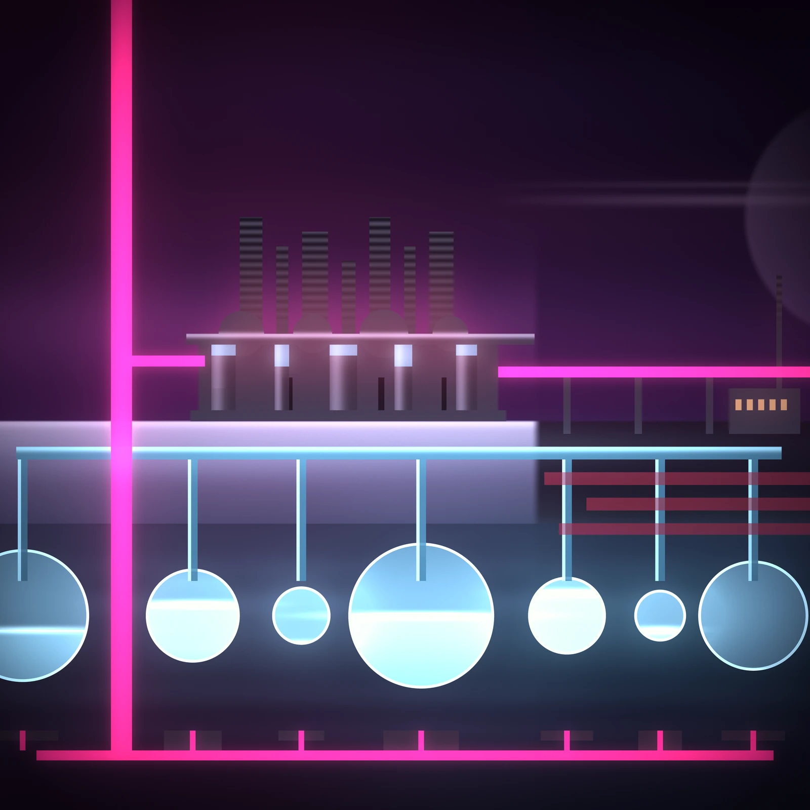 An artistic imagining, not real hardware. A dark, banded picture in magenta, violet and pale ice blue, built as horizontal layers with the ground cut away so the buried part is visible. One saturated magenta stripe runs from the top of the frame straight down the left side, turns along the bottom, and forms the power feed. On the horizon sits a long, low industrial block with five pale capped cylinders standing across its face and a rank of narrow finned stacks rising above it, flushed dull rose at their roots. A pale cyan pipe runs the full width of the picture just below the horizon and drops narrow risers into seven buried spherical vessels of very different sizes, each glowing cold and each showing a different bright fill line across it, the leftmost and rightmost cut off by the frame. The ground itself is two toned: pale lit ice on the left, near black on the right, meeting on a hard vertical edge, with three dull rose pipes lying on the dark side. A second magenta line leaves the block to the right on short pylons and ends at a small dark structure with a row of warm orange windows. A dim ringed planet is cropped by the top right corner. Everything except the machinery is continuous graded colour. Nothing shown exists.