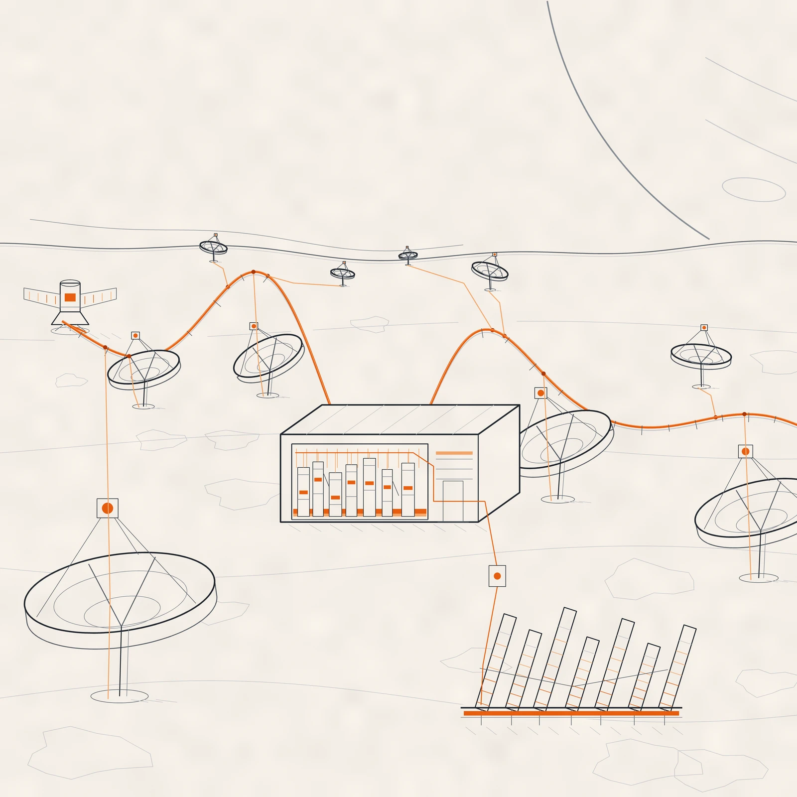 An artistic imagining, not real hardware. A pale technical plate drawn in fine graphite line work with one warm orange ink on ivory paper, most of the sheet left empty. Ten dish antennas of different sizes stand scattered across a frost plain below a high horizon, each bowl carried on a yoke and column with a small feed box on a tripod above it. One orange cable crosses the whole plate as a long wave: it rises into a tall crest on the left, dives out of sight behind a low building at the centre, rises again into a smaller crest on the right, and runs off the right edge, with small cleats ticking along it. Short orange feeders run from every antenna down to that one cable. At the left end the cable begins at a compact reactor with a shadow shield and two hatched radiator wings. The building at the centre is drawn with its front wall opened, showing seven equipment cabinets with lit orange slots standing on a glowing floor, and a hot orange header leaves the wall, drops past a pump box and feeds a bank of seven canted radiator panels in the lower right, hatched hot at their roots and cool at their tips. A cropped limb of Neptune with two faint bands stands low in the sky at the upper right.