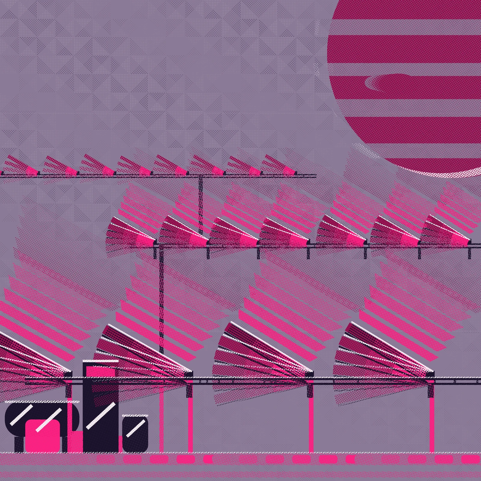 An artistic imagining, not real hardware. A square halftone poster on a mid value plum grey field. Three ranked rows of radiator banks recede across the picture: twenty units in all, each one a fan of six long thin plates splayed from a hub on a dark double chord boom, drawn as six successive angular positions of the same swinging plate at six different ink weights. Every plate burns hot magenta at the root nearest its inlet, steps down through a warmer middle band, and ends dark wine at the tip, with a bone bright sunlit top edge and a shaded under edge. Ordered fans of hard edged wedges leave the broad faces and step up and to the right, each front longer, wider and weaker than the one before it. Along the bottom a hot magenta trunk main runs the width of the frame carrying rounded slugs of coolant that step downstream in fading series, with vertical risers climbing from it into every near hub and two longer risers carrying the loop up to the middle and far booms. At the lower left a compact plant of two dark pressure hulls, a tall tower and a small can sits on the main, braced by bone struts, with a bright magenta core burning low and enclosed inside the cluster. Jupiter hangs cropped by the top right corner, its cloud belts and Great Red Spot each drawn as five sheared positions of the same band. The whole field is woven with a faint lattice of interlocking triangles and ruled by a hairline module grid. Every value in the image is a halftone dot; there is no flat tint, no gradient and no text.