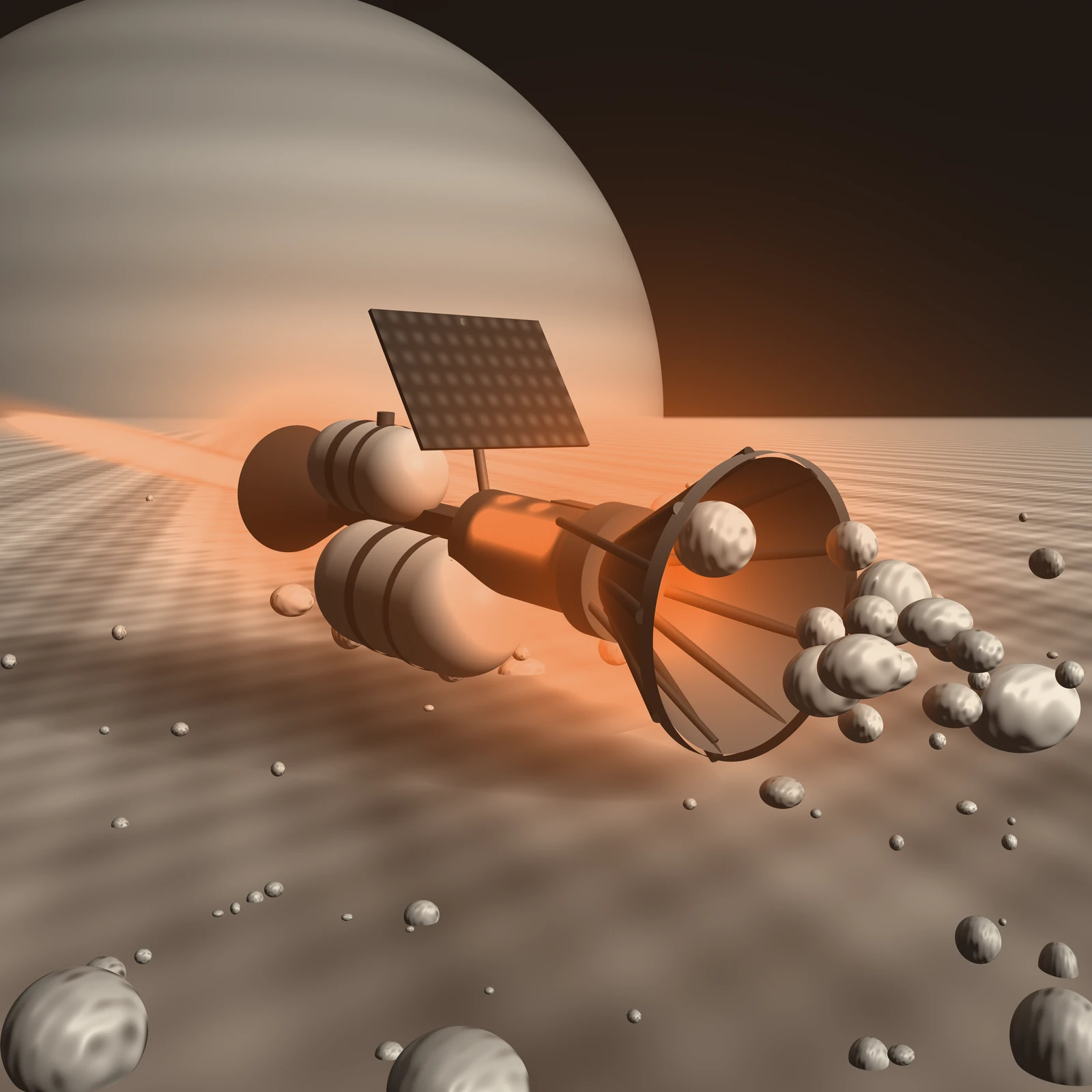 An artistic imagining, not real hardware. A perspective view from inside Saturn's ring plane, low over a luminous carpet of ice that streaks away toward the foot of the planet. Saturn fills the upper left of the frame, a pale banded globe cut by the top and left edges, its terminator falling across it. In the middle distance a long scooper craft skims the ice from right to left. Its wide conical intake, ribbed with nine radial vanes and braced by three struts, opens toward the viewer at the right, and a column of tumbling ice boulders converges into it from the lower right, with several chunks caught crossing the rim. Behind the intake a collar joins a cracker drum that glows orange from inside, and the glow spills onto the ice at the mouth and along the hull. Two unequal strapped capsule tanks hang below and behind the drum, fed by transfer lines from the drum. A dark photovoltaic wing on a mast angles up into the sunlight above the spine. A narrow orange exhaust runs away to the left across the planet, and the craft throws a soft shadow across the ice below it. Three large ice blocks are cropped by the bottom edge in the foreground. The whole image is built from only three colours: a warm ink black, a bone white and one signal orange.
