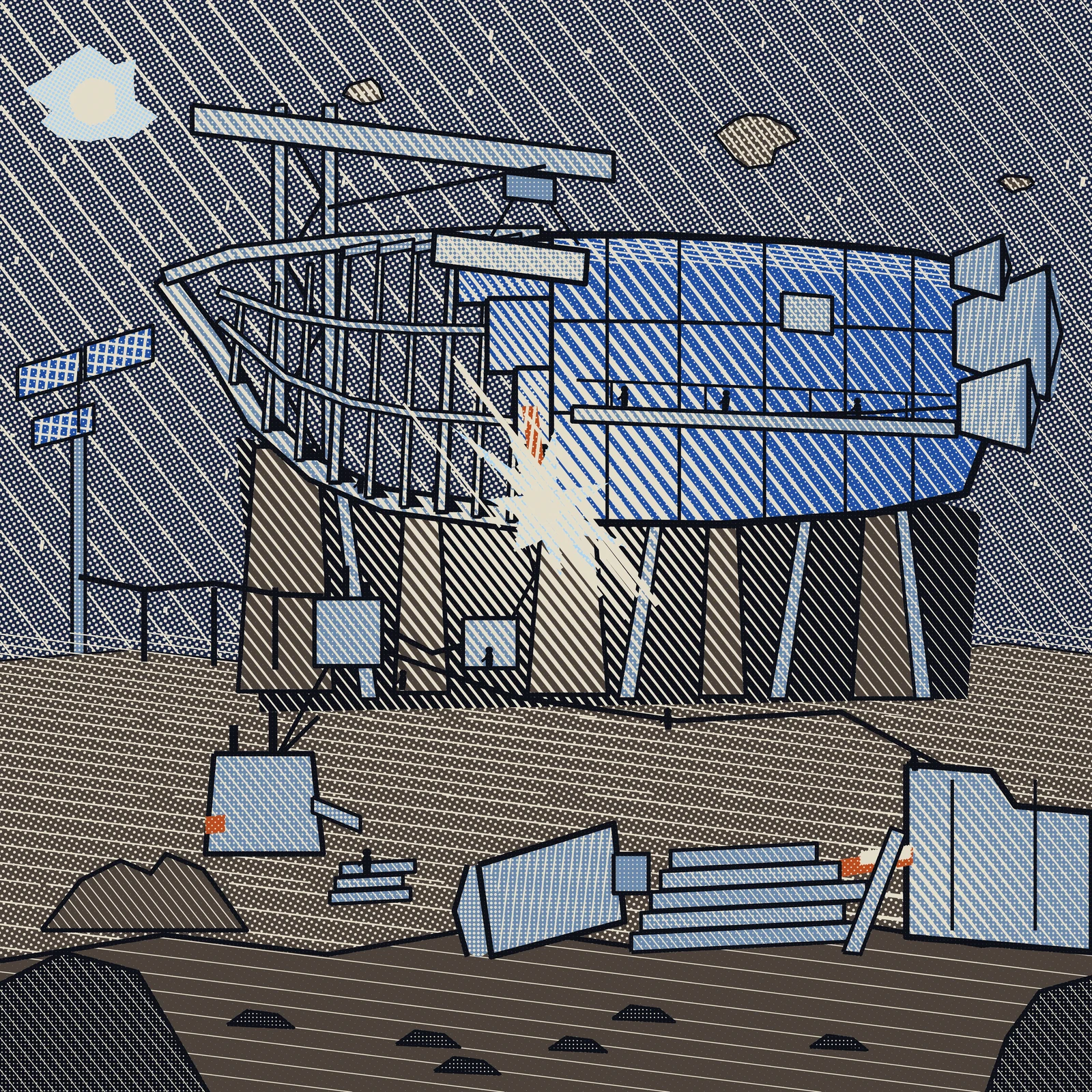 An artistic imagining, not real hardware. A woodcut style print of a ship hull standing broadside in a building slip cut into an asteroid. The forward half of the hull, on the left, is still an open cage: a heavy curved stem and keel with nine transverse frames rising from it, the frames getting taller aft, crossed by two longitudinal stringers and a walkway with two figures on it. The aft half, on the right, is closed in flat blue plating ruled into strakes and butt seams, with a hatch, a hanging staging where three more figures stand, and three unequal engine bells clustered at the stern. Three lapped plates step down at the joint between the frames and the plating, and one welding arc flares white at the keel there, throwing spiked light up into the cage and down over the cradle blocks below. The hull rests on five wide unequal blocks and four raking shores inside a black shadow. Above, an overhead crane carries a fresh plate on its hook. At the left a small collector array on a mast feeds a power line carried on posts to switchgear and out along a trunk cable to the welding rig, an ore kiln and a plate mill. In the foreground a tip of ore, a spare nozzle bell, stacks of rolled plate and a mill with a glowing slab. The whole plate is printed in halftone dots on bone paper and every light in it is cut as white lines on three fixed angles.