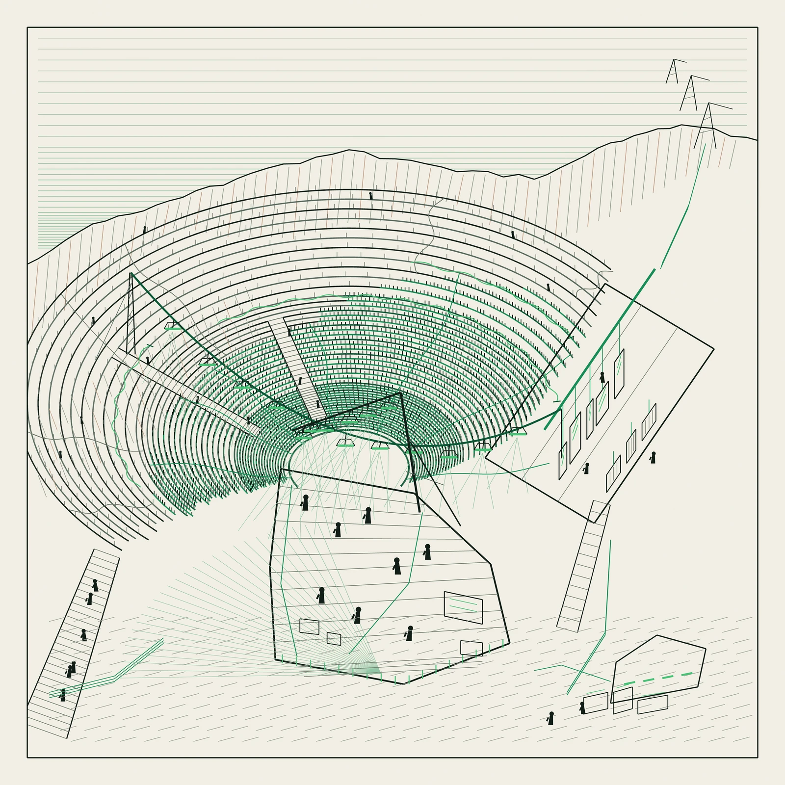 An artistic imagining, not real hardware. A pale technical plate drawn only in fine line work on warm bone paper, in graphite, stone grey and one green ink. An enormous amphitheatre is cut into a Martian crater as forty eight nested arcs of seating, packed close at the bottom of the bowl and stepping further apart as they climb. The lower arcs are drawn in green and crowded with thousands of tiny standing marks, each a seated suited figure; a wandering boundary partway up the bank marks where the heating coils stop, and every arc above it is grey stone with empty bench divisions and only a handful of small figures. Two stairs of unequal length cut radially through the bank. A low stage platform juts from the bottom of the bowl carrying eight faceless suited figures, a lit lip of footlights along its front edge, and a raked lighting boom whose housed lamps throw fine pale green rays back into the house. A lamp string sags on a long diagonal from a lattice mast high on the left slope to a stub post on the right. A slab terrace let into the crater wall on the right carries a rank of switch cabinets and transformers under a heavy green busbar, with green trunk cables running down to the seating and a feeder climbing to three lattice pylons on the crater rim. A ramp of steps climbs from the crater floor into the open left end of the bank, and a small shelter with lit green windows stands on the hatched floor at lower right. Above the rim the sky is ruled in horizontal lines that crowd together toward the horizon.