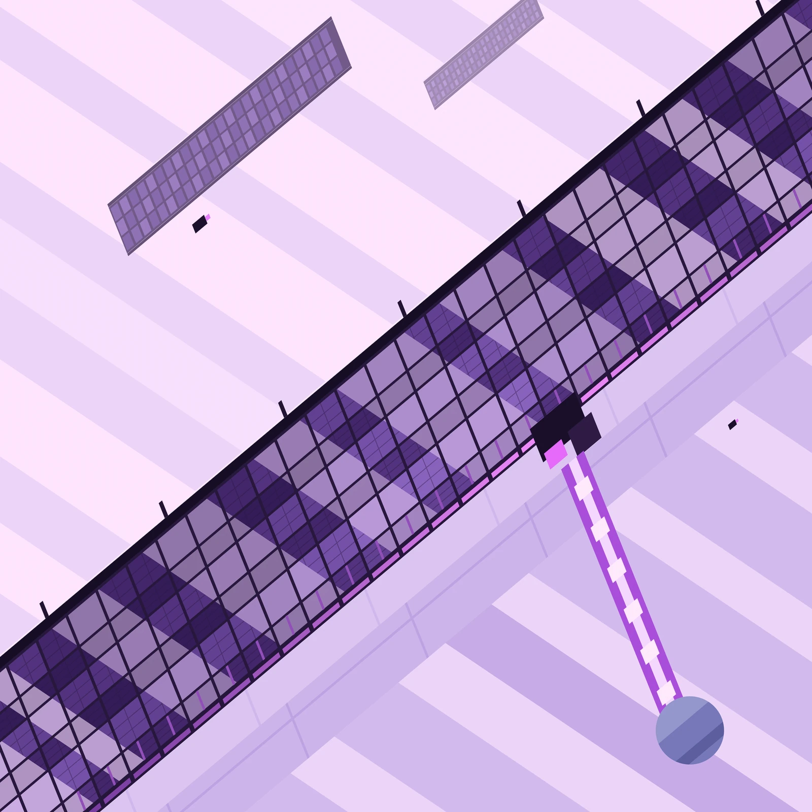 An artistic imagining, not real hardware. A luminous pale violet square crossed by wide lanes of blanched lilac light that all run one way, down and to the right. One enormous collector curtain cuts the frame on the opposite diagonal, entering at the lower left and leaving at the upper right, far too long to fit: both of its ends are cut off by the edges of the picture. The curtain is a ruled field of deep violet photovoltaic plates six rows deep, each plate divided into a fine grid of cells and separated from its neighbours by a dark aubergine lattice of substrate. Broad bands of brighter lilac sweep across the plates where the lanes of sunlight land on them, and the plates between those bands stay a far deeper violet. A near black boom runs the whole length of the curtain's sunward edge, tipped by a hairline of pale violet white where the sun strikes it, with short standoff struts spaced along it. Along the shaded edge runs a collecting trunk whose glowing core brightens from cool violet at the ends to hot magenta violet as it nears a blocky dark junction mass set about two thirds of the way along, one face of which is bright magenta. From that junction a saturated violet beam with a pale core and a row of small pale lozenges inside it runs down and to the right to a small blue violet planet near the lower right corner. Beyond the curtain the lanes of sunlight carry on, but shifted sideways along the curtain's own axis, so the planes of light read as having passed through the body and come out displaced, and two fainter violet echoes of the whole curtain lie further along in the same direction. Two much smaller segments of the same collector array float far off in the upper left, and two tiny dark service craft with single magenta lamps give the scale. No text, no lettering, no insignia. Nothing shown here exists.