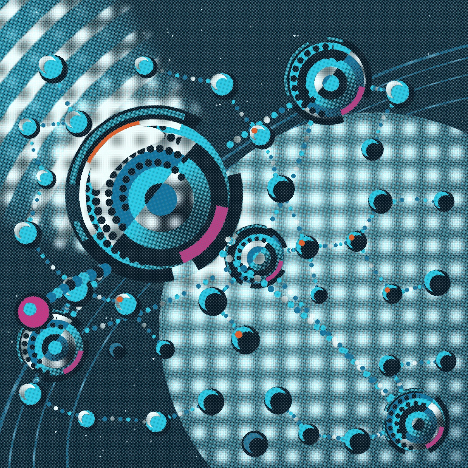 An artistic imagining, not real hardware. A square picture printed entirely in visible halftone dots on a slate blue ground. A shaft of light enters at the upper left corner as a stack of concentric pale wavefront arcs and narrows onto a large circular receiving dish left of centre, which burns white along the rim the light strikes, with a short vermilion sliver at the hottest point. The dish is built of unequal concentric colour bands in deep and bright cyan with a white band, the band sequence shifted where a diameter splits it, a dark off centre feed hub, rows of dark circular receiving modules curving across its face, a magenta crescent in its shadow, and a broken dark mounting hoop around it. A huge pale green blue planet with narrow tilted ring arcs fills the right and lower right of the frame. From the dish, curved runs made of small beads of light rather than drawn lines carry power out to four smaller banded discs and to about thirty small dishes scattered across the whole field, lit and crescent bright where they stand against space, dark silhouettes with one bright limb where they cross the planet's face, a few carrying small orange cores and three left unlit. No text appears anywhere.