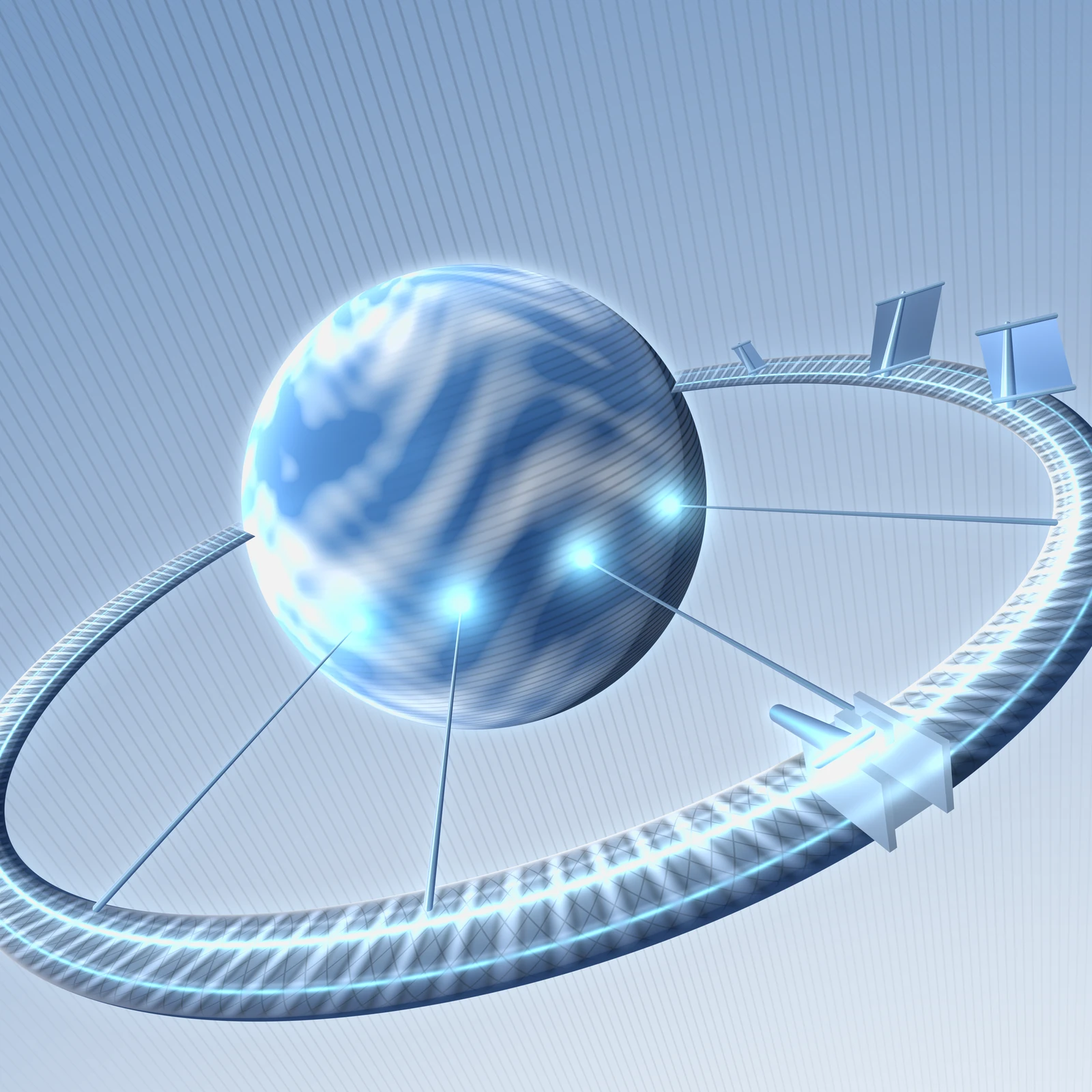 An artistic imagining, not real hardware. A pale blue engraved sky surrounds a cloud-covered world viewed off centre, with one enormous dark metallic ring sweeping from the lower left foreground around the planet and away behind its right limb. Fine lozenge lattice, fluted collars and paired cyan conductors wrap around the ring and compress with distance. A white switchgear house clamps the nearest section at lower right, where the live bus flares blue. Four narrow tether spurs run inward from bright junctions toward the planet, and three unequal sail-like panels stand on the far arc. The globe is hatched in latitude-like bands and blue cloud fields, and every ornament follows the perspective of the curved surface carrying it.