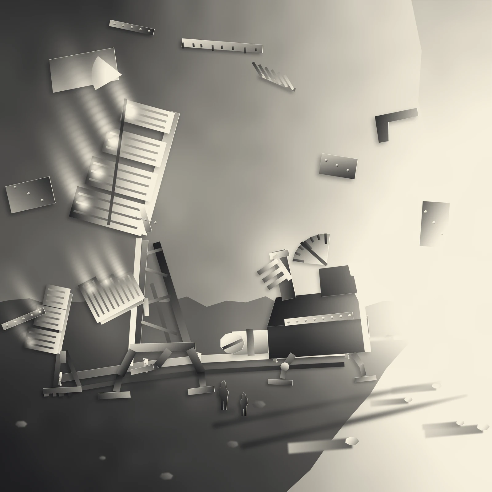 An artistic imagining, not real hardware. A warm-ash photomontage on a laid oatmeal sheet, every fragment cut with a hard edge, a bright paper lip along its sunward side and its own drop shadow. Left of centre a tall leaning mast carries four broad finned radiator panels, each one blazing white where it meets the mast and fading to near black at its outer tip; white heat streams off the panel tips up and to the left. A smaller rank of panels stands on an outrigger below it and a third, smaller unit walks ahead at the left edge. A bright pipe runs along the ground linking the three, brightest at the right where it leaves a dark stepped machine block, with a darker return line beneath it. The block carries a riveted strap, a large fanned gauge sector and a duct, and its right hand edge is caught by a hard white light. The machines stand on jointed legs with flat pads, one pad lifted clear of the ground. Two suited figures stand in the foreground for scale. On the right a blazing wedge of sunrise cuts diagonally across the plain, footpads and two wheel ruts lead back into it, and loose montage fragments, offcut plates, rivet strips, a caliper jaw and a tick scale, float across the sheet.