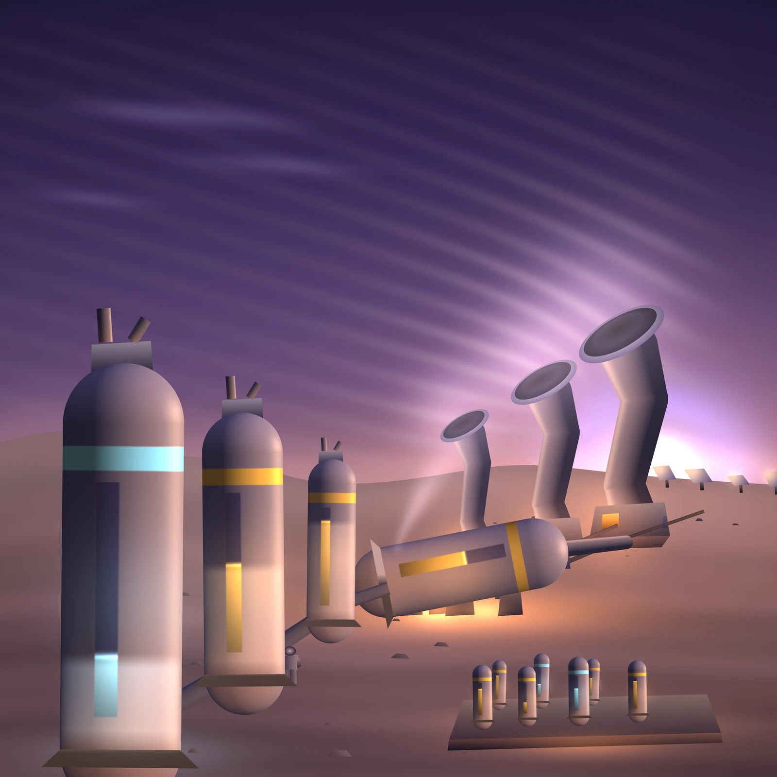 An artistic imagining, not real hardware. A Martian plain at twilight under a violet sky combed with streaks of dust laden air that curve down towards the right. Three bell mouthed intake ducts of unequal size stand in a rising diagonal line, their openings turned up into the wind, each duct sweeping down into a small lit compressor house at ground level. Beside them a long horizontal drum lies on saddles with warm light spilling from underneath it. Running down towards the viewer at the left, three upright storage vessels of increasing size share one rounded silhouette: each has a flared base skirt, a narrow level window glowing amber or pale blue, a coloured band near its crown, and pale frost climbing the wall only as high as the liquid inside, so the nearest and largest vessel is barely filled while the furthest is nearly full. A suited figure the height of a valve stands at the foot of the middle vessel. In the right foreground seven hand sized canisters of the same design stand on a low shelf, and a rank of tilted solar panels catches the low sun on the far skyline.