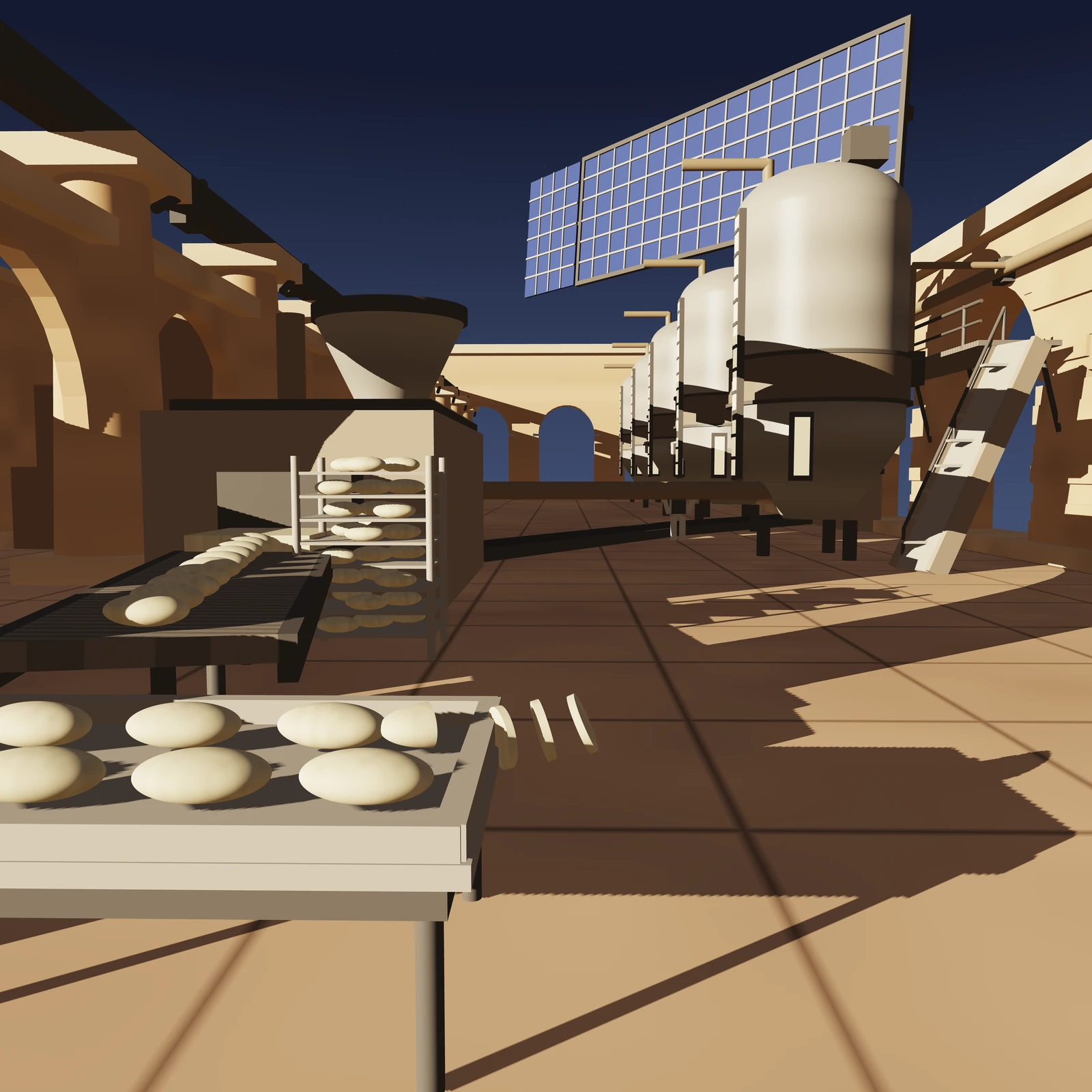 An artistic imagining, not real hardware. A dimensional, fully rendered view down the open deck of a protein works in orbit, lit by one low sun raking across it at a shallow angle, so that everything in the picture throws a shadow more than four times its own height. The palette is terracotta, ochre, burnt sienna and bone, against a deep blue black sky with sparse stars, and the only cool colour is the photovoltaic array. In the immediate foreground, standing in the sun, a metal packing table carries seven pale oval loaves in two rows, with a few cut slices propped on edge beside them. Behind it a conveyor of dark grating carries a line of loaves away to the left, past an upright cooling trolley of eight shelves loaded with more loaves, to a low press house with a wide funnel shaped extruder hopper on its roof. Along the right hand side of the deck stands a row of five sealed fermenter vats: tall cylinders with domed tops and conical bottoms on short legs, each with a dark cooling jacket round its waist, a ladder up its flank, narrow sight glasses glowing faintly with pale broth, a gooseneck vapour pipe and a junction box fed by conduit. Behind the vats runs a coursed masonry arcade of arched bays whose openings give straight onto black space, with a service gantry, handrails and a solid stair down to the deck. A second arcade closes the plaza in the distance, its round headed arches showing the dark sky through them. Along the left edge a third arcade, carried between square capped freight pylons, throws long bars of shadow across the terracotta deck plates. High above the works, canted towards the sun on a trussed mast, is a large deep blue photovoltaic wing ruled by raised battens into a grid of cells, with a smaller second bay of the same wing inboard of it and pale bracing struts running back from it towards the works.
