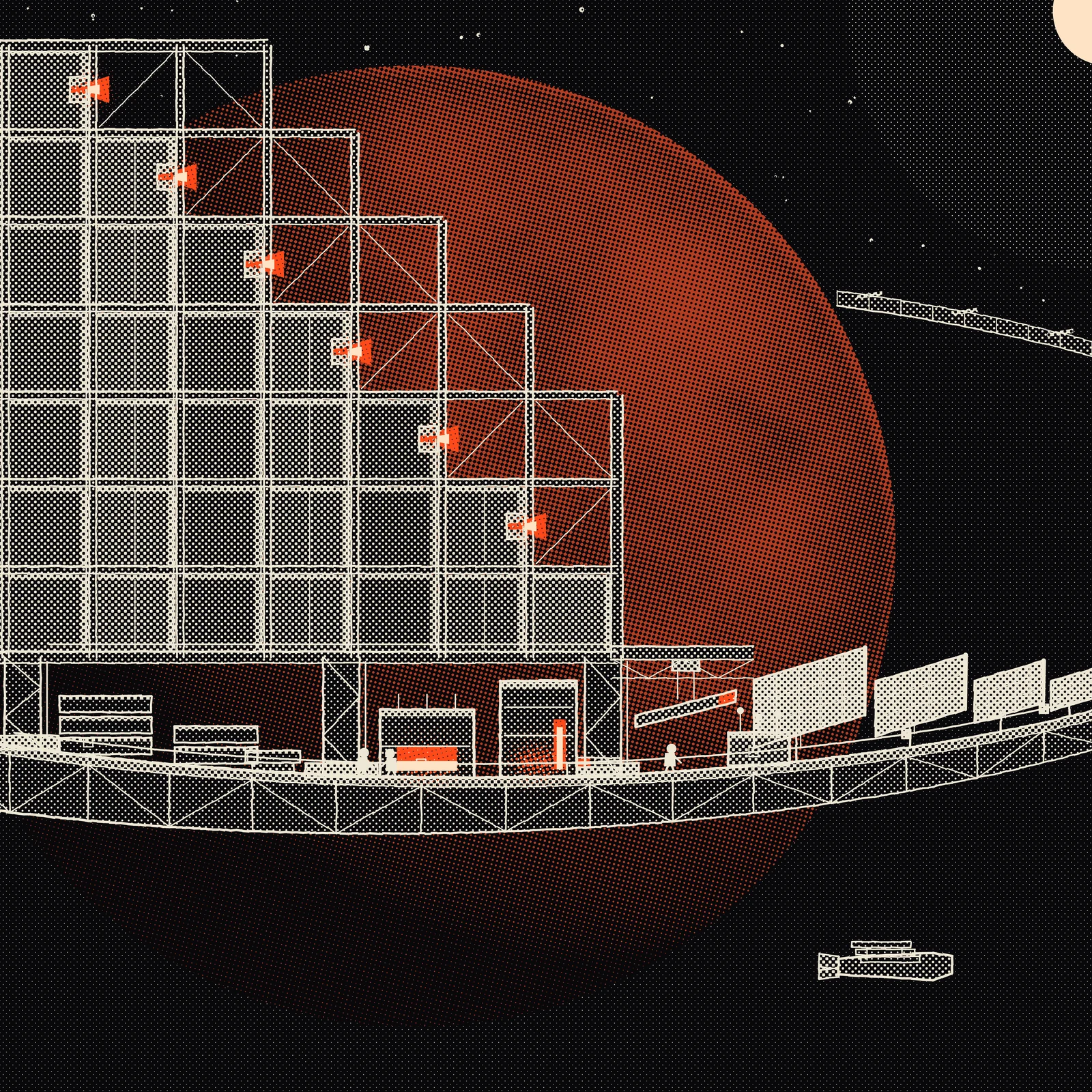 An artistic imagining, not real hardware. A dark halftone poster of a fabrication ring in orbit around Mars, printed entirely in dots of one bone ink and one oxide red ink on black. Mars fills most of the frame as a deep brick red sphere, lit from a small sun cropped in the top right corner and falling away to blackness at the lower left. A long lattice girder curves across the lower third of the picture and passes in front of the planet, and a second slender arc of the same ring reappears from behind the planet at the upper right, which is what shows the deck to be a closed ring rather than a straight beam. Along the deck, left to right: stacks of delivered metal slabs, a low hauler carrying one slab, an open hearth holding a wide pool of glowing orange melt, a taller press with a vertical slit of the same glow and a billet leaving it on rollers, a crane rail carrying a slanted beam whose freshly cut end is still bright, a switch house with three insulators, and four large photovoltaic wings tilted towards the sun, with one thin bright bus line running the length of the deck from the wings back to the work. Three small suited figures stand on the deck, faceless and roughly a hundredth of the height of what is being built. Rising from the deck on three lattice cradle masts is the structure under construction: a rectangular truss raft eight cells wide and seven deep, its lower left cells already closed with grey plates, its frame erected two cells ahead of the plating so that the whole right side ends in a staircase of open bays, and six welding heads throwing short violent orange arcs along the diagonal build front. A small carrier stands off below the deck with the next bundle of slabs. All tone is halftone dots; the only unbroken marks are the drawn contour lines.