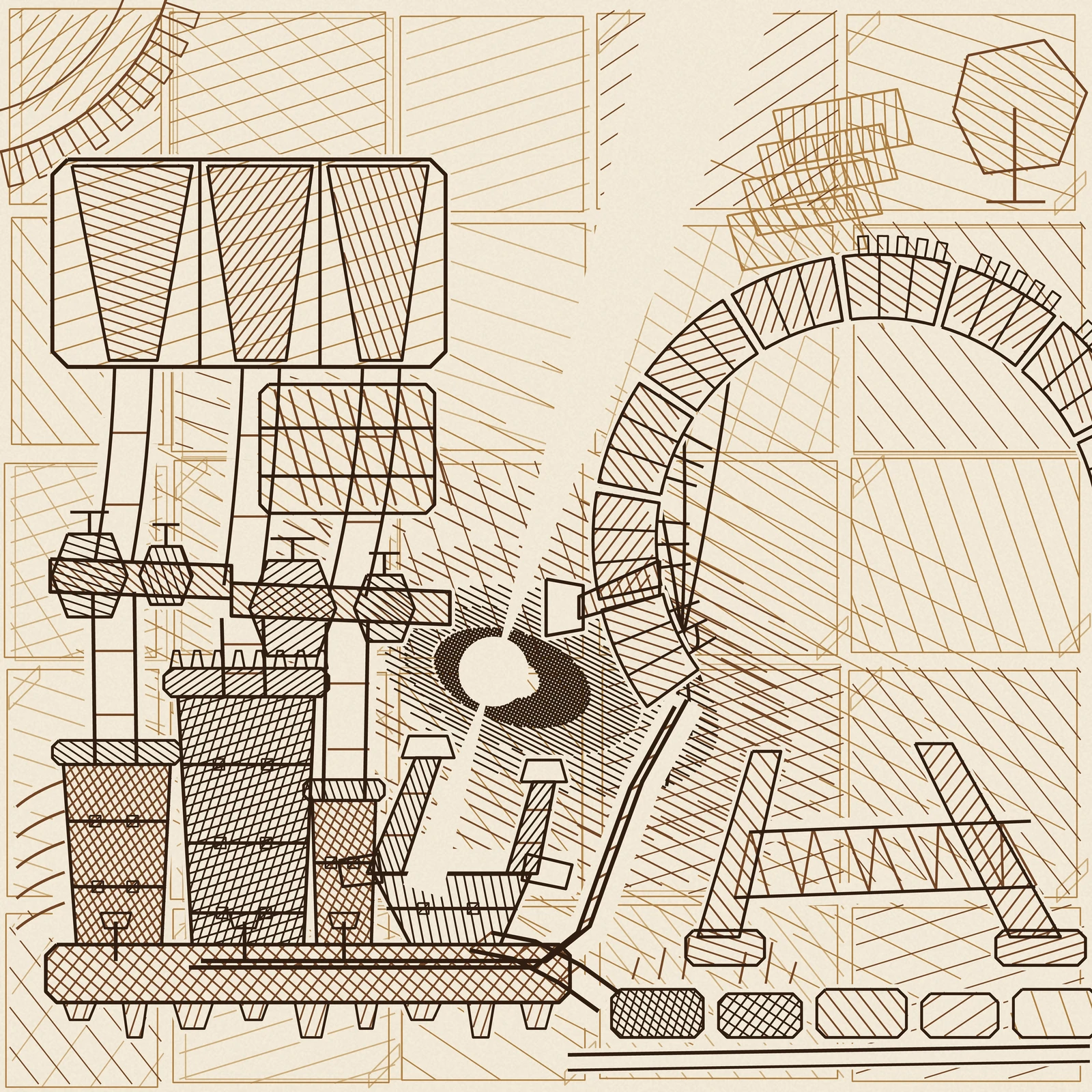 An artistic imagining, not real hardware. A square engraved collage sheet in four brown inks on warm bone stock, built as an irregular lattice of pasted plates, each one ruled at its own angle and pitch. Every value in the picture is made of drawn lines: there is no flat fill, no gradient and no photographic tone. Just left of centre a small disc of bare stock burns inside a dense cross ruled torus, and two narrow beams of bare stock leave it along a tilted axis, one running clear off the top of the sheet and one falling down to the left. Nothing is printed inside the star or its beams. On the right a vast segmented pickup ring, nine coil blocks with gear teeth on its outer edge and short vanes on its inner face, stands on two unequal braced legs and is cropped by the right edge of the frame; a boom reaches off its inner face toward the star and a family of heavy curved field lines runs from the star into the ring. A heavy double cable leaves the ring, drops diagonally to a long chamfered plinth on rows of buttresses, and feeds risers into four standing crucibles, no two of them alike, one with gear teeth bolted along its rim flange and one with corrugated fins clamped to its side. Above them a hopper house of three tapered bins feeds curved chutes down to a stepped distribution duct with four valve bodies of graded size, and short pipes drop from the duct into each vessel. The falling beam passes between two hatched throat walls into the open mouth of the fourth vessel, and a launder carries the result down to the right where five blocks sit on a rail, the nearest cross ruled almost black and each one lighter than the last. Pasted into the emptier plates are a cropped gear rim, a valve body and an exploded four layer catalogue view of one coil segment with leader lines.