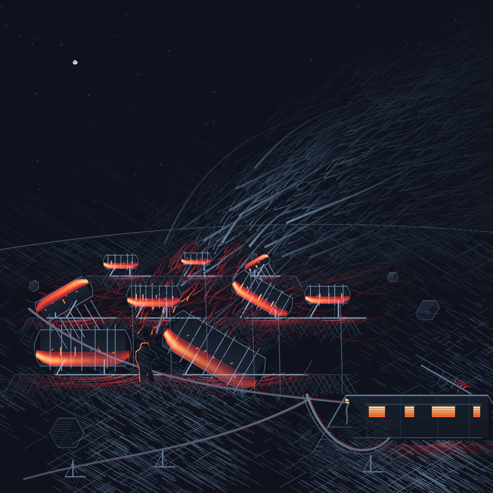 An artistic imagining, not real hardware. A dark line drawing on a deep blue black ground, built entirely from pen strokes: straight ruled lines on six fixed angles for everything engineered, and curved tapered brush strokes for everything that moves. A shallow horizon arc crosses the upper third, the limb of a small icy world. Below it, three graded terraces are cut into the ice, and nine cylindrical generator drums of unequal size lie in open cradles across them at three depths. Each drum is a ribbed shell with a few fat axial fins and a curved cap at each end, dark on top and glowing along its underbelly in orange running up to a near white core, with small orange slots and comma shaped flares of light escaping between the fins. Each drum lays its own separate shallow pool of light on the bench beneath it, and long raking streaks run out of the two largest. One cradle stands empty, a bare A frame and a footing where a unit has been lifted out. A single suited faceless worker stands between the two nearest drums, drawn only as a silhouette with the fires behind. A heavy cable bus swags in from the left, gathers every drum on a drooping jumper, and leaves to the right as one thick trunk that crosses the near ice on three trestles and drops into a landing box at the near corner of a long low half buried station at the lower right. The station has a hatched hull, a roof rail, four unequal windows lit warm orange, a small work lamp at its corner, a short railed ramp with three stanchions down to the ice, its own light lying on the forecourt in front of it, and a mast mounted radiator panel angled up over the roof with red heat arcs at its root and a dark tip. A second cable spur runs off to the left across the foreground. Rising off the warmed ice, one enormous vapour bank sweeps from the feet of the cluster up and out through the top right corner, red lit at its base and cool grey above, drawn as thousands of overlapping hatch strokes. High at the upper left the sun is a tiny knot of crossing strokes giving no light, among scattered tiny open arcs of stars. A few faceted blocks of quarried ice sit out on the plain. There is no filled area, no gradient and no blur anywhere in the image.