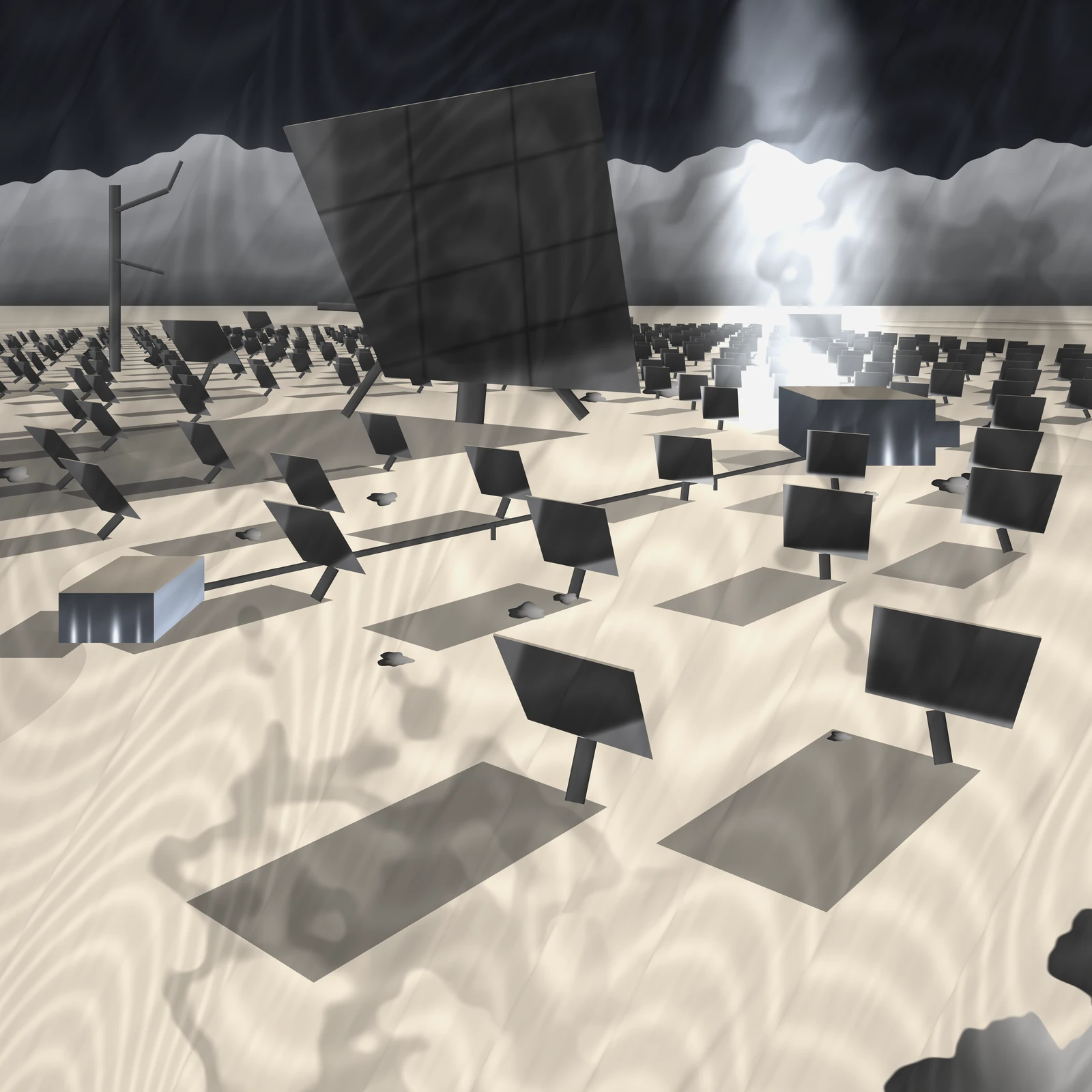 An artistic imagining, not real hardware. A wide view across the floor of an ancient impact basin on the Moon's far side, rendered in warm bone greys with a cool ash sky. Ranks of dark rectangular receiving panels stand on single posts and recede in perspective toward a low eroded rim, each throwing a long shadow across the pale regolith. One much larger panel stands left of centre as the field's primary aperture, its face divided into unequal cells, planted on a thick canted spine with two braces. A column of light descends out of the dark sky at the right and lands as a bright waist on the field, and the panels nearest that light carry blazing rims. A low boxy converter stands inside the lit patch with a row of glowing louvres at ground level, and a single low cable runs from it to a small junction box at the lower left. A slender relay mast with an asymmetric boom stands far off at the left. The whole picture carries one continuous rubbed wood grain and a blotted mineral crust laid flat across regolith, machinery and sky alike.