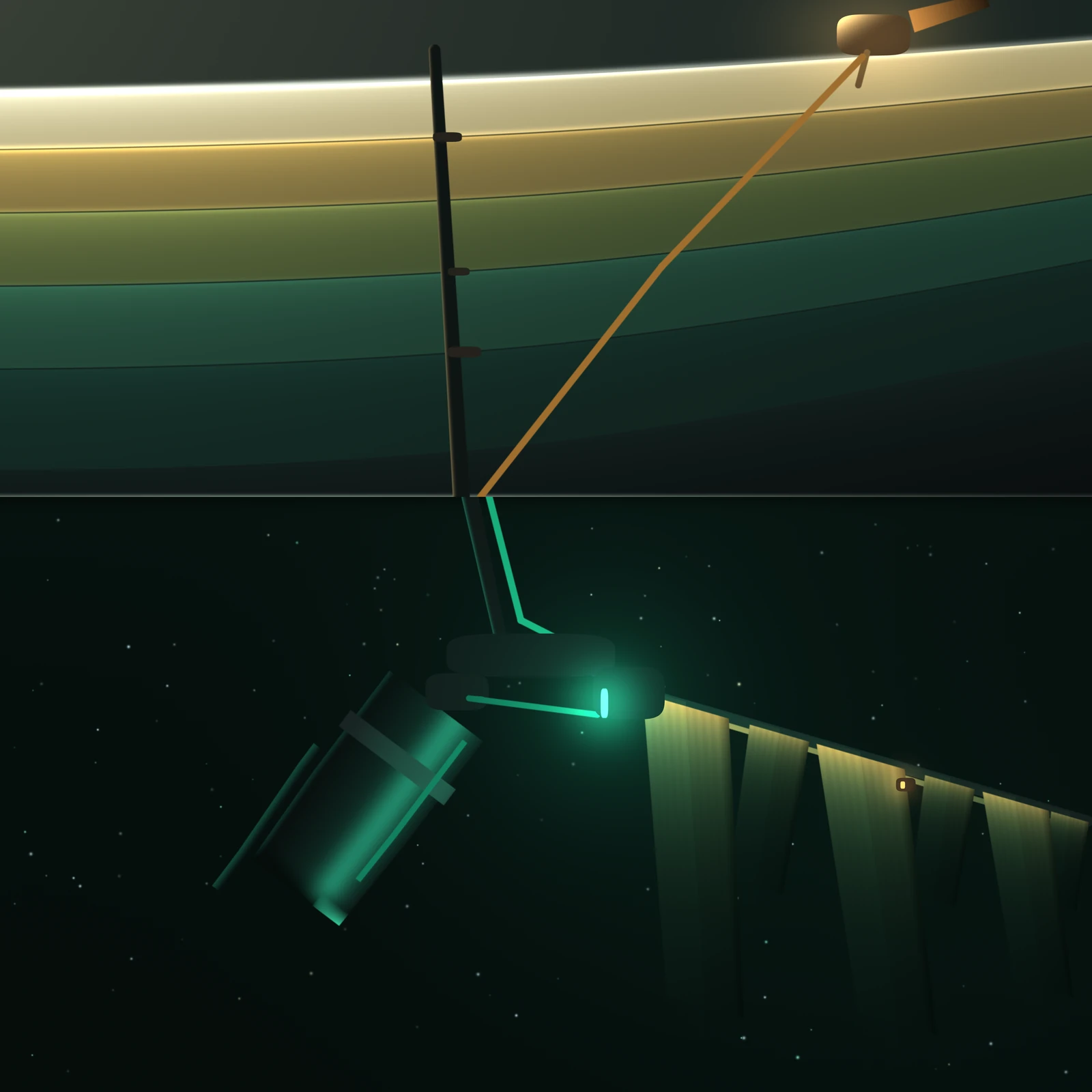 An artistic imagining, not real hardware. A square picture in deep petrol green, split across the middle by one hard horizontal cut, as though two photographs had been scissored apart and butted together. Above the cut, filling the top of the frame, is the underside of a five layer sunshade seen at a grazing angle from below: five long curved sheets fanning open to the right, each with a lit far edge, stepping in colour from a blown incandescent gold at the top through olive and sage to a green that is almost black at the fifth, with the sky beyond the first sheet milky with scattered light and holding no stars at all. A leaning mast rises through the stack, collared where it passes three of the sheets, and a thin amber power line runs down from a small sunlit power block at the top right corner. Both the mast and the power line visibly jog sideways where they cross the cut, and the power line changes colour there from amber to emerald. Below the cut everything is deep green black and full of sharp small stars. A horizontal service spine hangs there with a stout cylindrical instrument slung under its left end, aimed down and to the left into the darkest part of the frame: the tube is lit along its lower flank by a narrow green highlight, wrapped by one collar, clamped with a single cryogen line, shrouded on its upper side by a matte black baffle that overshoots the open end, and its mouth is a dark bore with one bright arc on the lower lip. A small block near the spine glows with a slot of intense pale green, the coldest looking thing in the picture, with a single pipe running from it to the instrument. From the right end of the spine a boom runs out and down to the corner of the frame carrying a supply manifold and six hanging plates of very unequal width and length, leaning at different angles and overlapping each other in depth. Each plate is amber where it meets the manifold, fades through pale yellow green, and goes to green black at its lower tip, and a soft green haze drifts off the near face of each one. One tiny warm lit doorway, a few metres across against plates hundreds of times its size, is cut into the flank of the plate field. No text, no lettering, no insignia. Nothing shown here exists.