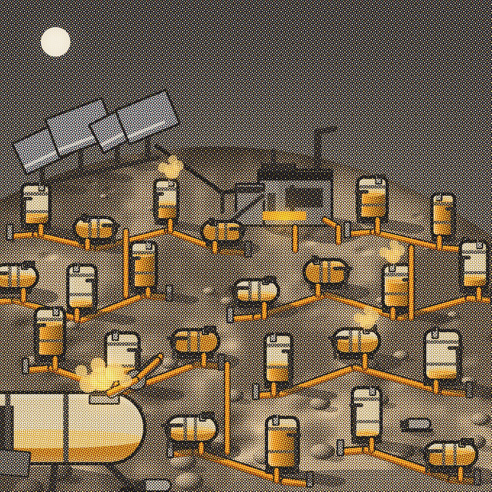 An artistic imagining, not real hardware. A tank farm scattered across the sunlit surface of a small asteroid, printed as one coarse four colour magazine halftone with the dots plainly visible. The sky behind the curved horizon is a flat mid grey with no stars at all, and a single small white sun sits high at the left. Twenty three storage vessels stand across the rock in no rows at all, some standing cylinders and some bullet tanks lying on their sides, all of them close to the same size and all of them transparent, so the propellant inside shows as a solid gold body with one flat surface: a few are nearly full, several are part full at every level in between, and two or three are almost empty and read as pale vapour. Each vessel is outlined in a heavy black keyline, stands clear of the ground on short legs over its own hard shadow, and carries a ladder to a small access deck on one flank and a vent stub on the other. A gold pipe weaves through the feet of the field and rises into each tank by a short riser. Three tanks trail a small pale plume at the crown where they are being filled. On the skyline at the upper left, four tilted solar panels of unequal size stand on the limb, wired across to a squat processing block whose foot glows gold and whose conveyor runs down into the regolith. At the lower left a tanker lander stands on three splayed legs, cropped by the frame edge, its own tank transparent and about a third full, with a loading arm plugged into its fill port and a soft gold cloud of boil off at the coupling. Two small tanker vehicles sit on the ground for scale.