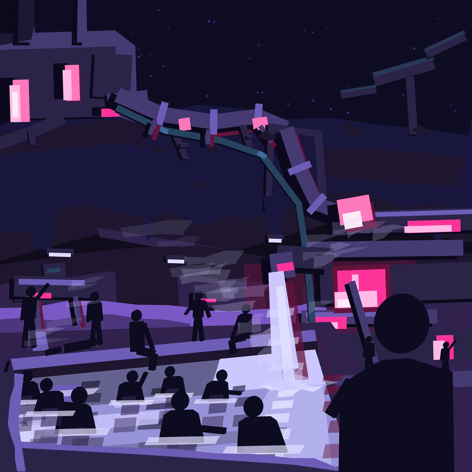 An artistic imagining, not real hardware. A flat plane illustration in deep violet of a bathhouse cut into the regolith of Ceres. Above the horizon, under a black sky and scattered stars, a refining plant is cropped by the top and left edges of the frame, two tall furnace slots burning magenta in its flank. A single heavily lagged trunk main leaves the plant, crosses the surface on raking legs, and plunges down a lined shaft into a chamber below, where it enters a stack of unequal exchanger bodies through a bright nozzle. One large glowing mouth and three small ports light the block. A spout hangs off it and pours a sheet of hot water down into a wide sunken pool, throwing up a torn splash and a plume of steam that drifts left across the room. About a dozen faceless bathers stand shoulder deep in the pale water, their reflections broken into hard cut planes below them, while others sit on the coping with their legs in the water and a few stand on the deck. One large bather, seen from behind, is cropped by the bottom right corner of the frame. Away to the upper right, two cold radiator panels hang unlit and unused. Every solid is struck two or three times on offset printing plates, so a magenta fringe stands on one flank of each object and a dark one on the other, and the hotter the object the further out of register it sits.