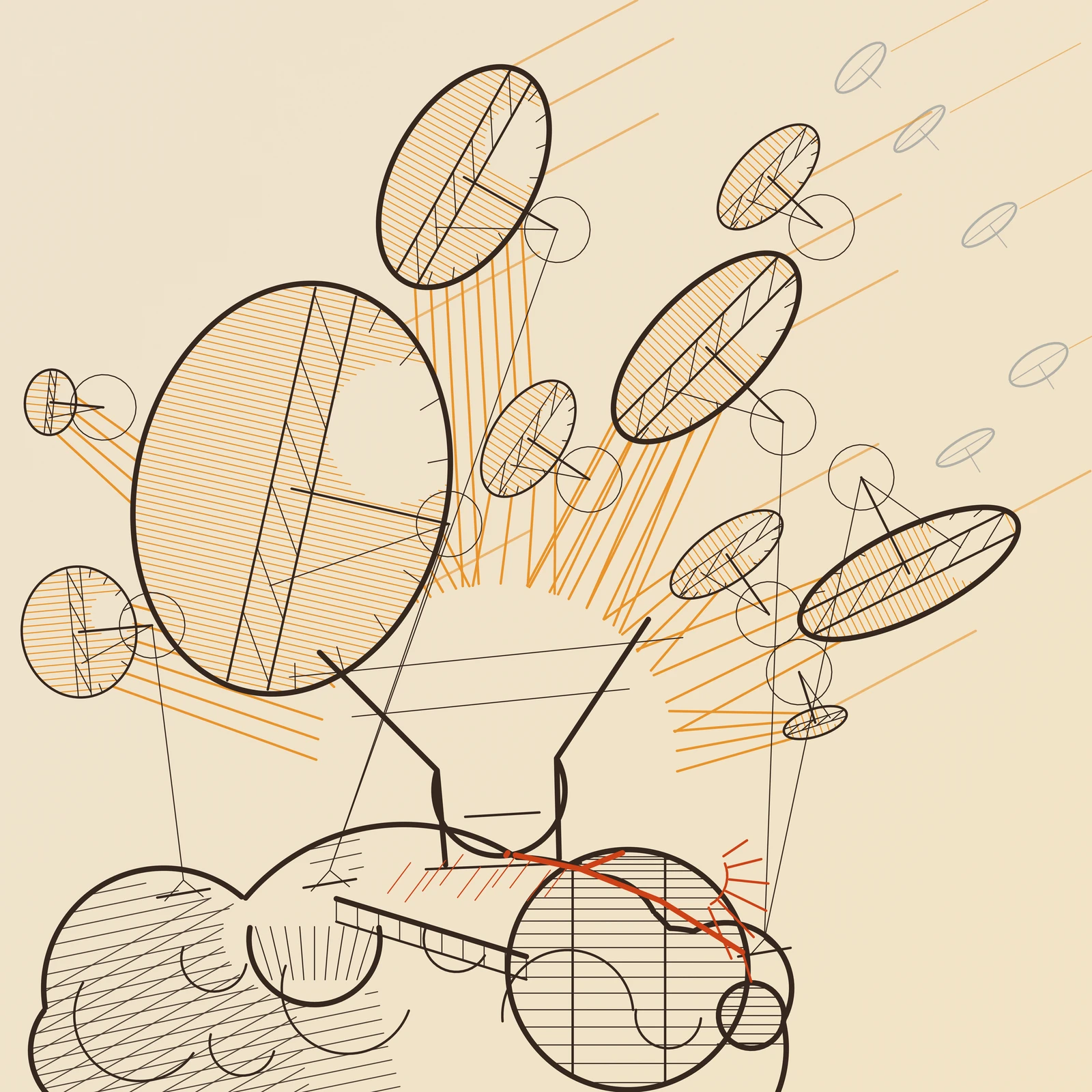 An artistic imagining, not real hardware. A line drawing on warm bone coloured ground, made entirely of ruled strokes with no filled shapes anywhere. Ten tilted discs hang across the upper two thirds of the square, each one a reflective sail: a heavy dark rim, a face ruled with close amber battens, a blank unruled crescent where the sun glares off it, a braced boom across the face and a short mast ending in a small ring. They vary from one very large disc at the left to small ones near the edges, and five paler grey sails recede toward the top right corner. Short amber shafts of sunlight run in from the upper right and stop dead on the sail faces. From every sail a ribbon of amber rulings runs inward and down, and all ten ribbons converge on one point low in the frame, tightening as they go and stopping at the flared mouth of a collector, so the inside of that funnel and its rounded throat are left as bare unprinted ground and are the brightest thing in the picture. The collector stands on short braced legs on a lumpy asteroid built from overlapping circles, its shaded side hatched, its sunward side left clean, with crater arcs scattered over it. A heavy vermilion line runs from the throat down the tower to the surface, turns along the rock as a busbar, and drops into the works at the lower right: a large drum hatched in graded rows with two stave lines, a small tap on its shoulder throwing short vermilion flame strokes, and a small product tank. A ruled conveyor runs from a hatched pit at the lower left into the drum. Fine dark tether lines run from the sails down to three anchor pads on the rock.