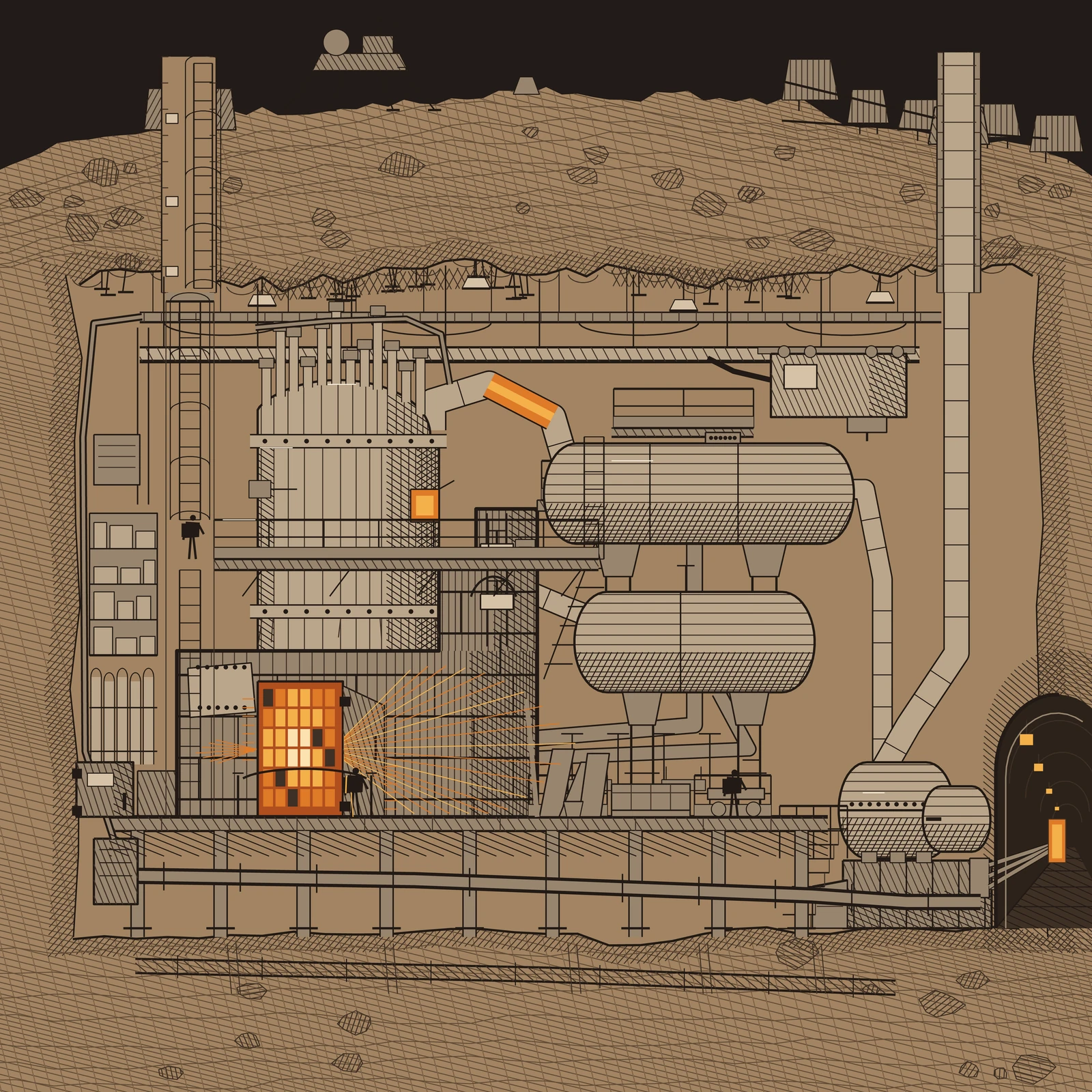 An artistic imagining, not real hardware. A plain orthographic section drawing, in dark brown line work on a flat mid ochre ground, of a nuclear plant built inside a hollowed out asteroid. Across the top of the frame runs a narrow band of flat black vacuum, and below it the convex limb of a small rocky body, with a squat crew lander on splayed legs, two small head houses over shafts, a survey monument and a row of unequal flat radiator panels standing on the surface. Under the surface is a thick band of hatched rock in section, drawn with bedding lines and angular breccia clasts and pierced by two lined shafts: a personnel shaft on the left with a caged ladder and small lamps, and a coolant riser on the right carrying a duct up to the radiator panels. The rock opens into a single excavated hall filling the middle of the frame, its scalloped ceiling carrying rock bolts, wire mesh panels, a cable tray on drop hangers, four working lamps and a crane rail. Left of centre stands the reactor: a stepped mass of shield blocks with coarse staggered coursing, and on it a squat cylindrical vessel with a domed head, two bolted ring flanges and a crowd of twelve control rod drive stand pipes of unequal height rising off the dome under a gathered cable loom. At deck level a shield door stands open on its hinges behind a chain barrier, and inside it a six by six grid of glowing fuel channel ends runs from deep orange to near white, five of the channels plugged and dark. Ruled orange rays fan out of the opening across the deck, and a single suited faceless worker stands beside it in silhouette. Two lagged pipes leave the vessel, one with a short length of lagging removed showing bare hot orange pipe, and run right into two horizontal heat exchanger drums of unequal size on saddle stands, the upper one carrying a walkway and handrail. Beyond them a steam line drops into a small turbine and alternator set on a hatched plinth on the lower floor, and from its terminal box three heavy bus bars run right into an arched tunnel bored through the rock wall, where a hatched roadway, ring beams and four crown lamps recede to a small lit doorway in the distance. A second heavy bus runs the other way along the undercroft beneath the steel deck, on cleats between stub columns, to a distribution board at the left wall, and a feeder climbs from that board to the ceiling tray that lights the hall. The hall is full of ordinary working evidence: handrails with kick plates, caged ladders, a parked charge machine stowed on the crane rail, spares racking, a bank of gas bottles, drip pans, a pallet of shield blocks, a wheeled trolley, a bucket, a hose hung in a shallow drape, lifted floor plates leaning against the shield, a bolted patch plate and drainage stains. A cut drain channel and core drill holes run across the rock invert below. Everything except the core, the small inspection port and the one unlagged pipe is drawn in browns.