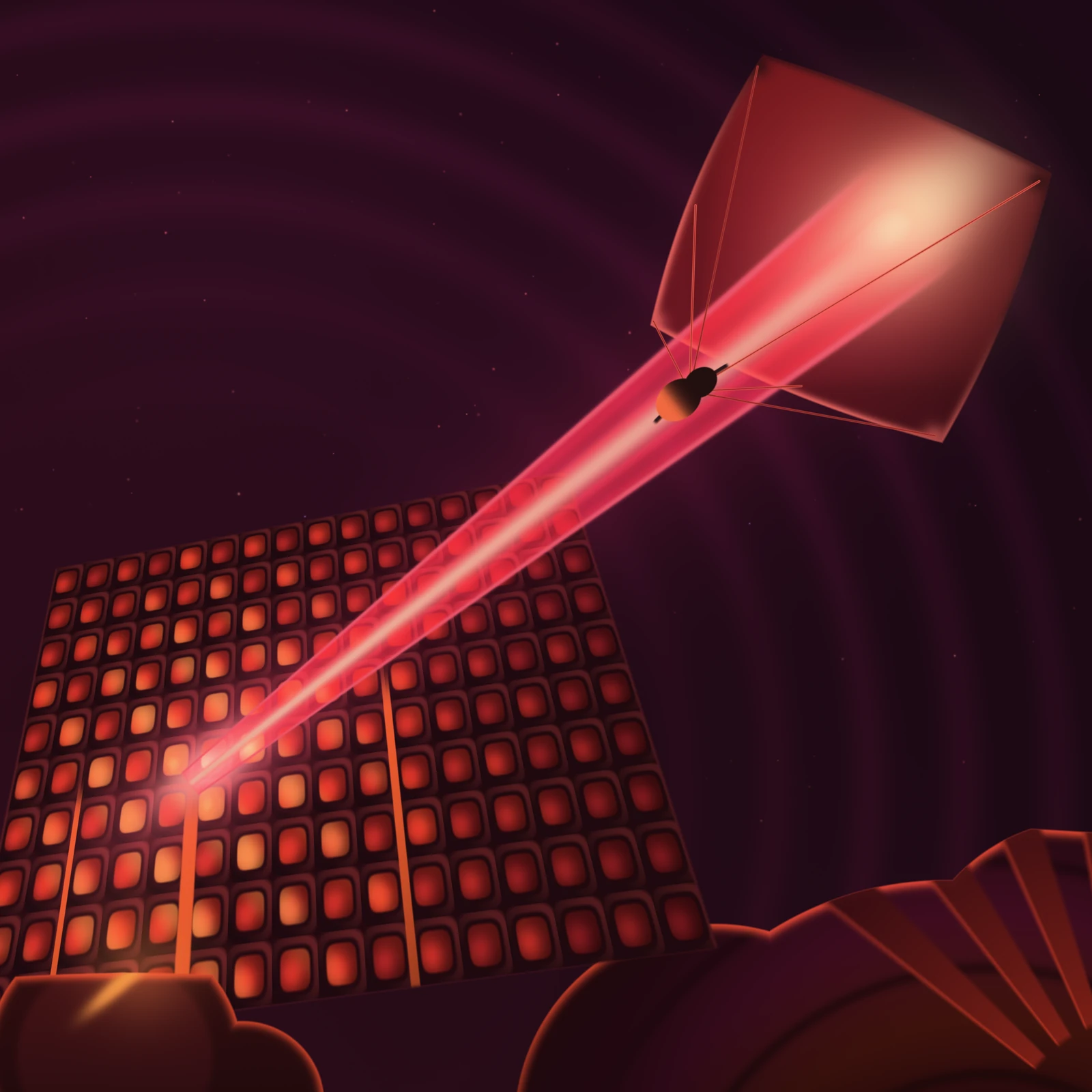 An artistic imagining, not real hardware. A square picture in deep oxblood and hot crimson, almost black at the top right and glowing at the bottom left. Filling the lower left half of the frame is an enormous flat panel seen at a steep angle, tilted away from the viewer and running off the left and bottom edges: it is ruled into a grid of one hundred and sixty identical square emitter apertures, sixteen across and ten deep, each one a rounded pad modelled with its own soft highlight and its own shadow, and each one lit from within so the field glows in a slow wave from pale apricot near the lower left to dull brick red at the far corners. The panel carries a raised rail around its edge and three bright orange conductor lines of unequal width that climb its face along the grid, the widest of them rising from a dark cowling at the bottom left corner, whose glowing slot is the only other light source in the picture, and ending at a small blinding node partway up the panel. From that node one straight shaft of light leaves at about forty five degrees. It has hard edges, two bright rails, a pale pink core and faint lengthwise striations inside it, and it stays a shaft rather than spreading into a glow: it crosses the entire grid diagonally, passes out beyond the panel's upper right corner and travels on across empty space to the upper right of the frame. There it lands, off to one side of centre, on a large square membrane sail tilted in three quarter view, whose four edges bow very slightly outward and whose four corners carry dark cleats. The membrane is bright pinkish gold where the beam strikes it and falls away to deep red at its far corners, with a lit boom along its near edge. In front of the sail, silhouetted against the beam, hangs a small dark payload canister on a slim cross boom, held by six taut shroud lines that fan out to the corners and edges of the sail. Along the bottom right of the frame is a dark curved hull banded with concentric ribs, with a fan of radiator plates spreading from its right side, each plate lit along its leading edge and tipped with a thin cold violet rim. The open upper left is a broad magenta wash crossed by faint concentric arcs spreading out from the beam node, with a scatter of small warm stars. No text, no lettering, no insignia. Nothing shown here exists.