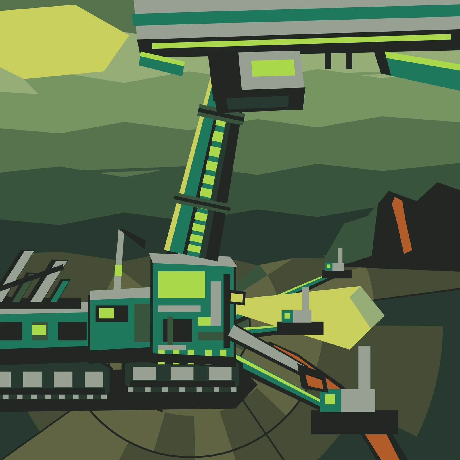 An artistic imagining, not real hardware. A flat colour illustration in greens of power distribution on the surface of Venus. A large tracked crawler sits low on a hazy plain, its body stepping up from the left frame edge, which cuts it off, to a tall junction tower on its back. A very wide striped cable leaves the lid of that tower and climbs to the upper right, passing out through a winch throat under a long overhead platform that is cropped by the top and right edges of the frame; two solar wings hang off that platform and a bright bus line runs along its underside into the throat. The cable is banded lengthwise in dark green, deep teal and a sunlit yellow edge, and carries a broken line of bright yellow green blocks that shorten and close up as they approach the machine. The ground is drawn as a polar survey chart: flat cells of olive, moss and near black fan out from the tower along unequal rays, cut by thin dark arcs, growing murkier toward the horizon. Three spur cables run out of the tower base across the plain to three small remote machines of different sizes, each with a lit green panel. A single lamp on the crawler's shoulder throws one flat yellow wedge of light to the right, a boom arm reaches down from the tower into the rock with a hot orange face at its tip, and an orange fissure runs off the bottom right corner. A dark mesa with a second fissure stands on the right horizon under a sky banded into flat green strata, with a pale yellow patch of diffuse sun cut by the upper left corner.