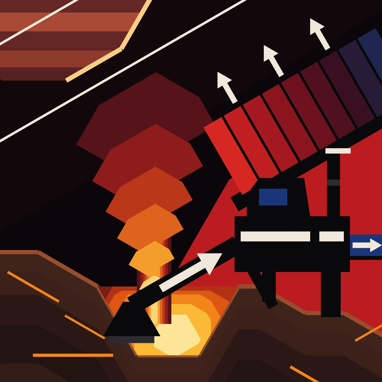 An artistic imagining, not real hardware. A flat-plane poster in which every edge runs at a multiple of 30 degrees, on a dark, near-black field. At the lower left a caldera is cut into brown terraced ground and filled with a molten lake drawn as nested angular terraces stepping from deep red through orange to a white-gold centre; thin orange fissures still glow in the plain around it. A column of fire rises from the lake and spreads into a stack of six flat umbrella caps that cool upward from pale gold through orange to dark maroon. A black duct runs down the slope from the right and ends in a black intake hood whose wide lower lip stands in the melt; a plain cream arrow lies along the duct pointing up the slope. The duct climbs to a black machine hall that stands on two unequal piers and one diagonal brace on the caldera rim, hard-cut against a huge flat block of signal red that fills the right third of the picture. The hall carries two unequal cream window strips, one flat cobalt-blue panel, and a stack with a lopsided cream cap. From the hall a flat cobalt bar with a cream arrow on it runs off the right edge of the frame. A black boom carries a large radiator wing up and to the right on the picture's one rising diagonal: a bank of eleven slanted slats, divided by thin black lines, cooling along the wing's length from signal red at the manifold through maroon and plum to blue-black at the tip, with three plain cream arrows leaving its face square to the panel. In the upper left a huge banded body cropped by the top and left edges is drawn as flat horizontal stripes of maroon and rose, its lower-right limb faceted into straight segments and lit with a bright cream-gold rim. Two hairline cream rules are ruled straight across the whole field on the same rising diagonal, one of them crossing the banded body. No text, lettering, insignia or figures appear anywhere.