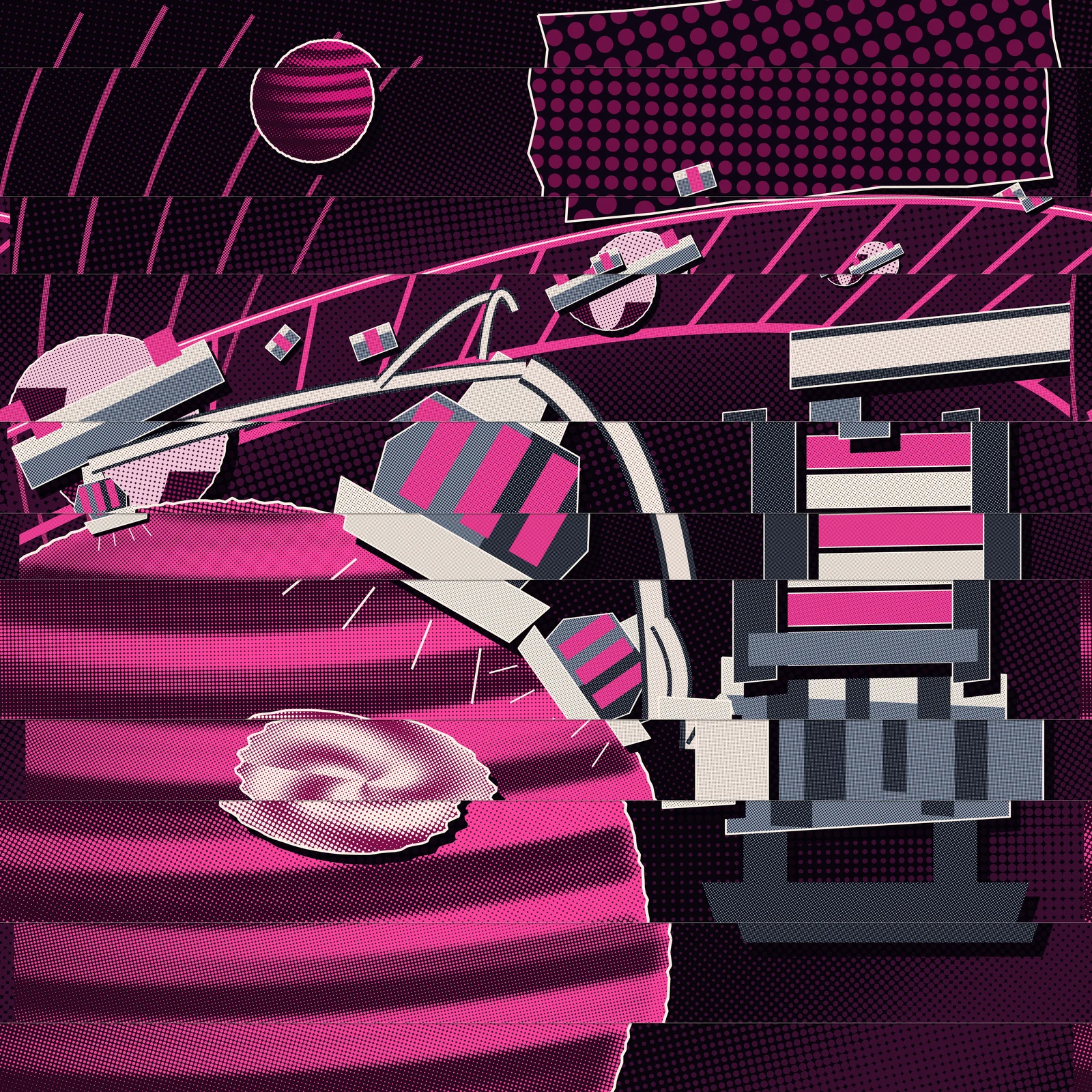 An artistic imagining, not real hardware and not a plan. A Dada-style photomontage on a near-black plum field, printed entirely in halftone dots with no flat areas anywhere. Filling the lower left and bleeding off two edges of the frame is an enormous banded gas giant, its cloud belts alternating hot magenta and deep wine and its edge burning bright; a large pale oval storm has been cut from another page and pasted onto its face. Clamped on the giant's edge is a heavy chamfered machine block striped with steel and magenta windings, its cream contact shoe pressed against the planet and throwing short white sparks where it touches. Two smaller copies of the same clamp, at about half and a quarter of its size, grip the edge further round. A railed ring runs out from behind the planet and right across the top of the frame like a ladder, two hot rails with cross-ties between them; three round moons at wildly different sizes ride it, each wearing a steel contact bar, and a few small machine units ride it with them. Thick cream cables gather from the clamps into one trunk and run down to the right, where a coil pack of alternating magenta and cream windings stands between two dark cheek plates above a ribbed drum on legs, and a single conductor leaves the drum and exits the right edge of the frame. The same planet appears a second time near the top left at a seventh of its size with its scissor edge still showing, thin magenta flux lines arc away from the giant's upper edge, and a dark slab in the top right is enlarged until its own printing screen has become the picture. The whole image is cut into eleven horizontal strips of unequal height, each printed at a different screen ruling and angle and slid sideways from its neighbours, so every form steps at every seam. No text, lettering, insignia, or figures appear anywhere.