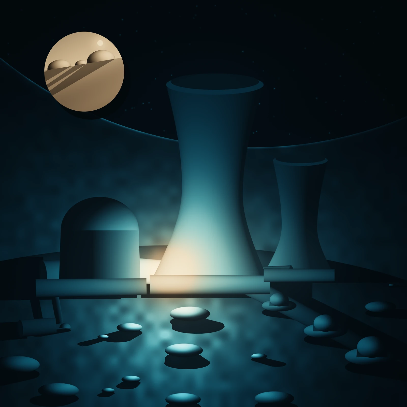 An artistic imagining, not real hardware. A dark cyan picture of the floor of a lunar polar crater, rendered entirely in soft airbrushed tone with no outlines. The far crater rim arcs overhead against a black star field, carrying one thin thread of grazing sunlight that never falls past it. Standing on the floor below is a power station built only from spheres, cylinders and cones: a squat containment drum capped by a hemisphere at the left, a low turbine hall behind it, and two flared radiator towers of different sizes, the taller one rising past the rim into the sky and the smaller one set back to the right. In the gap between the containment and the big tower's foot a transfer duct glows warm cream-gold; it is the only light in the bowl, and it sits at ground level inside the machinery. Everything else is lit by it and cools to deep cyan as it goes away. Long foundation drums give each mass a footing on the ice. A pipe trunk walks out to the lower right and enters the ice through three unequal wellheads, each in its own pale frost bloom; a cable leaves to the lower left toward a small outpost module, tiny by comparison. Flat plates of ice lie scattered across the floor, and every one of them, and every part of the plant, throws a single hard-edged shadow straight away from the glowing duct, so the floor becomes a radiating star of shadow. Pasted into the black sky at the upper left is a hard-cut circular photograph of warm sunlit hills, tilted, with its own small sun and its own shadows falling the wrong way, lifted off the picture by a crisp drop shadow. No text, no insignia; nothing shown here exists.
