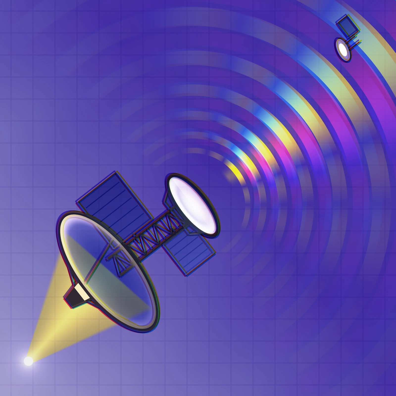 An artistic imagining, not real hardware - nothing shown here exists. A four-colour print-style illustration on a mid-violet field ruled with a faint square register grid. At the lower left corner a small hard white star; a narrow gold wedge widens out of it across the field and ends on a large elliptical dish set low and left of centre, seen at an angle, its bowl shading from a warm lit crescent along one rim to deep blue-grey at the other. Three unequal struts cross the dish's mouth to a small pale receiver box just outside its edge. Behind the dish an open braced truss runs up and to the right, carrying two unequal rectangular radiator panels ruled with fins, one on each side and at different stations along the spine. At the far end of the truss a short tapered throat opens into a smaller ring-rimmed aperture whose lit face is the brightest thing in the picture. From that aperture a fan of concentric hard-edged arcs expands up and to the right and runs off the top-right corner - the same fan printed four times over, in yellow, magenta, cyan and violet, each pass slightly larger and swung a few degrees off the others, so the arcs cross and overprint into green, hot red and deep blue where they meet, with clean gaps where the beam pattern nulls. Every edge of the station carries a thin coloured fringe, as if the four printing passes were slightly out of register. Small, near the top right, a second dish and panel of the same design stand in the path of the arcs. No text, no insignia, no lettering - entirely procedural geometry.