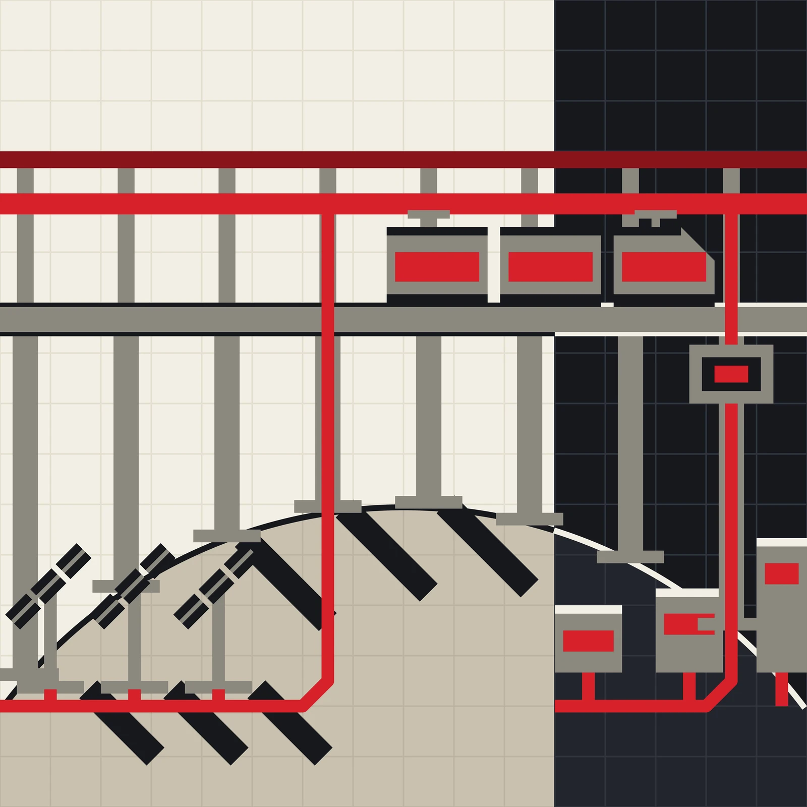 An artistic imagining, not real hardware. A flat-plane transit-diagram poster on a light warm paper field ruled with a faint square grid. The right-hand third of the sheet is a single flat rectangle of near-black night, divided from the sunlit left by one dead-straight vertical line on a grid column; the curved limb of the Moon crosses the lower half, pale grey where the sun is on it and dark beyond the line. A steel viaduct runs the full width without a bend, bleeding off both edges: eight tall pylons on the grid, a deck ruled in black on the day side and in white on the night side, and above it two conductors of constant weight - a deep oxblood return line and a bright red live line. A three-car train with red-lit windows rides the deck straight through the boundary, its leading car chamfered at forty-five degrees, two pantographs touching the red line. On the sunlit left, three ranks of dark angled solar panels on steel masts throw hard black forty-five-degree shadows across the regolith beside the pylons' own; red take-off stubs drop from them to a red ground bus that bleeds off the left edge, turns up a pylon and climbs to the live conductor. On the dark right, one red drop falls from the same conductor through a small switchgear box slung under the deck to a second red ground bus, which raises three low steel habitat blocks with white roof rules and red-lit interiors. Purely procedural flat geometry, no gradients, no text, no insignia; nothing shown exists.