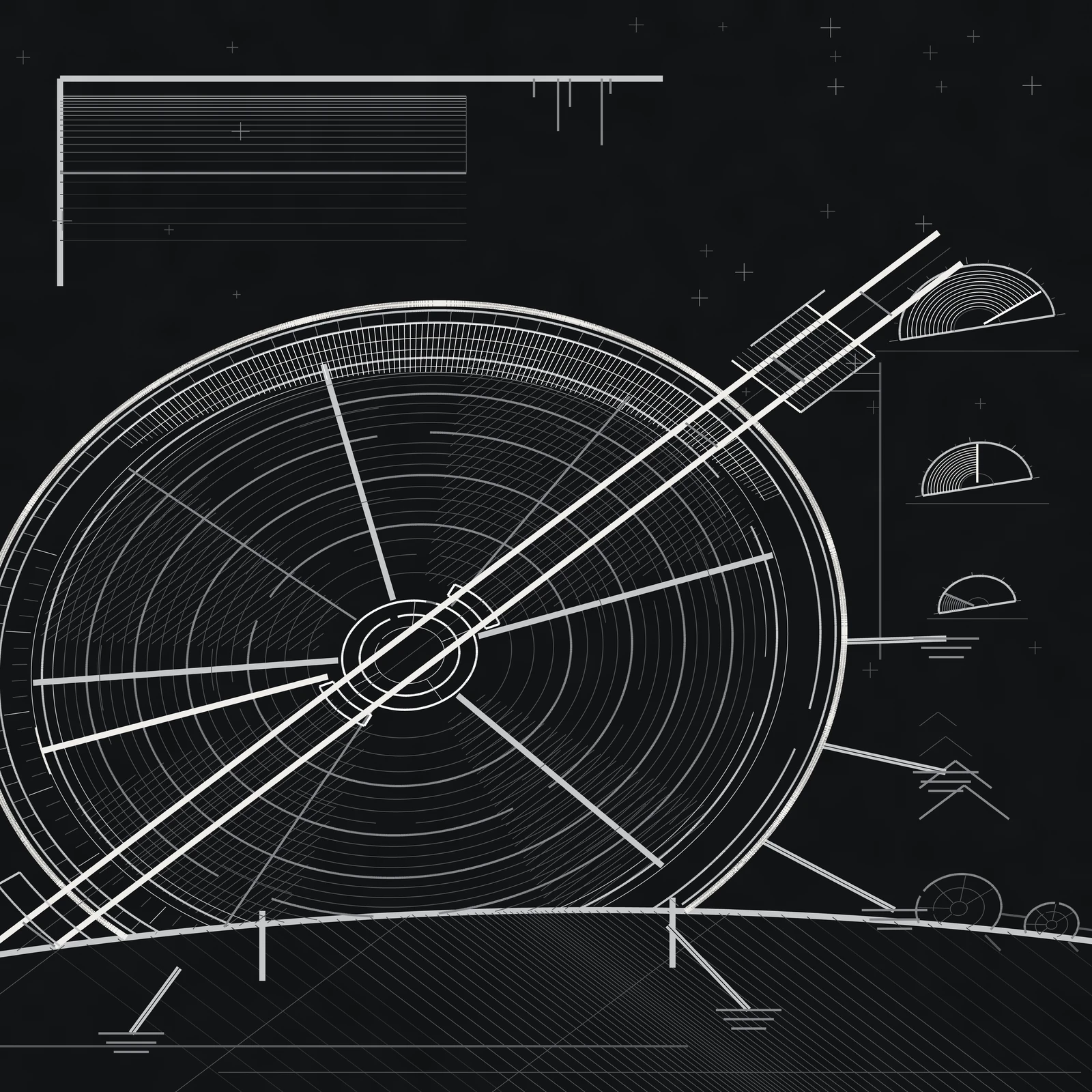 An artistic imagining, not real hardware. An achromatic line-work drawing on a near-black field: one colossal flywheel, drawn only in strokes and never filled, stands sunk to its hub in the dusty limb of a small moon, so wide that it is cut off by the left edge of the square. Its rim is a heavy triple hoop carrying a long run of bolt ticks; across the upper rim a graduated comb of fine white radial hairs thickens to a lens-shaped blaze where the wheel is running live. Inside, twenty-two concentric hoops, each broken once at a different clock position, and seven unequal spokes fill the disc; a machined chord-hatching crosses four uneven sectors. A double-railed drive shaft cuts the whole picture on one diagonal, passing through an open journal bearing at the hub, which carries no centre mark, and running out past the rim to a finned motor-generator canister; two hairline cable runs leave the canister for a vertical bus rule in the right margin, where three half-disc gauges of decreasing size show bank charge as bundles of arcs behind a single pointer. Five heavy anchor rods splay from the lower rim into the regolith onto stacked footing plates, and two much smaller sister wheels stand on the near horizon. Top left, an open right-angle rule bracket holds a ruled tonal ramp. Everything is line density; no text, no insignia, no colour.