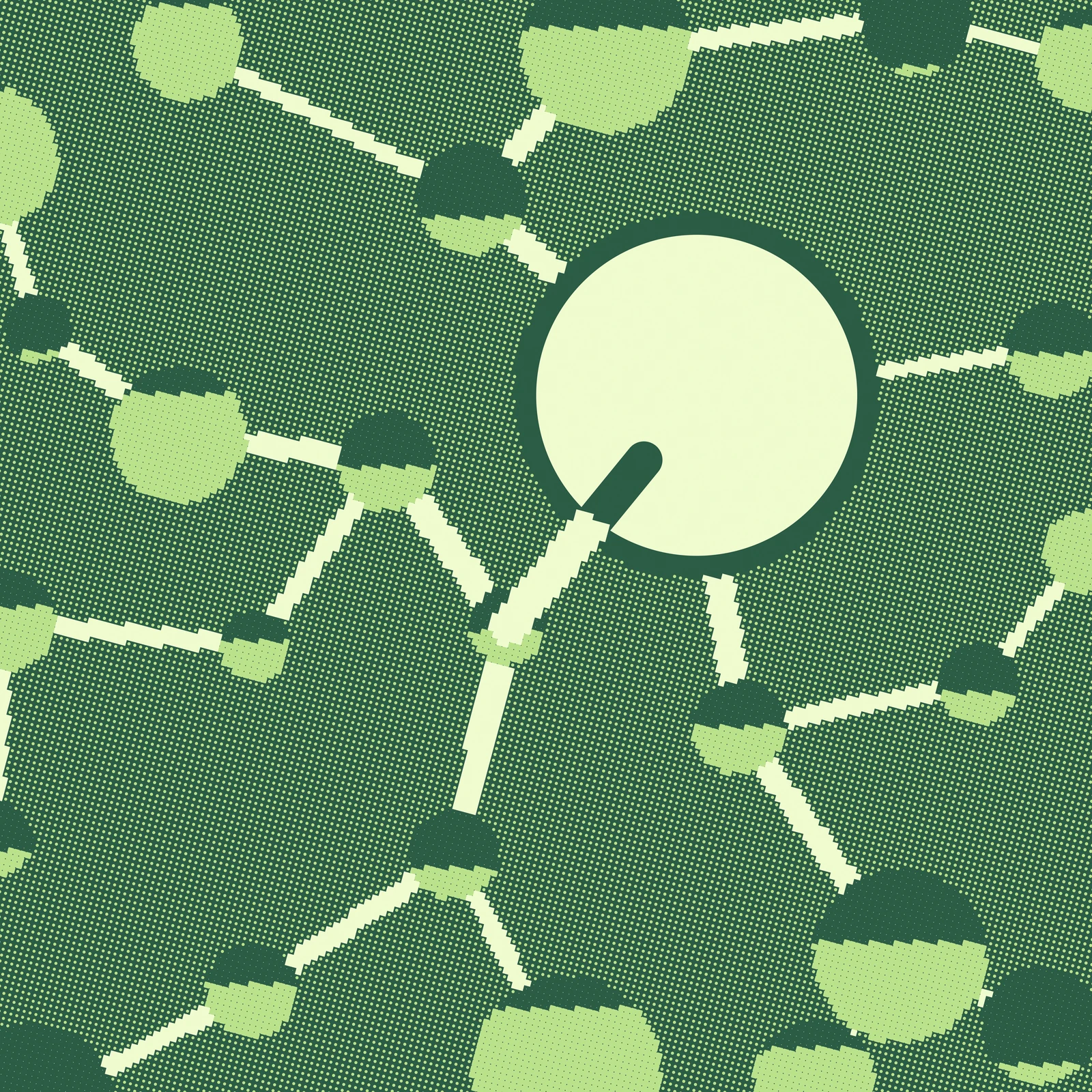 An artistic imagining, not real hardware. A mid-toned green field printed entirely as coarse round halftone dots on one tilted screen. Scattered across it, bleeding off every edge, are two dozen circular bodies of widely different sizes; each is cut by a single horizontal line, dense pale green below it and bare dark green above, so each circle reads as a level gauge with a different amount left in it. Solid pale threads run between the circles, hair-thin at the outermost bodies and thickening step by step as they merge, until four heavy trunks converge on the upper right. There a large pale disc sits inside a ring of clean, completely dotless ground; it is the only smooth, razor-edged shape in the picture, and the trunks stop dead short of it. One trunk, the thickest, crosses the clean ring and continues into the disc as a round-ended slot of bare ground. No text, no insignia; purely procedural geometry, and nothing shown exists.