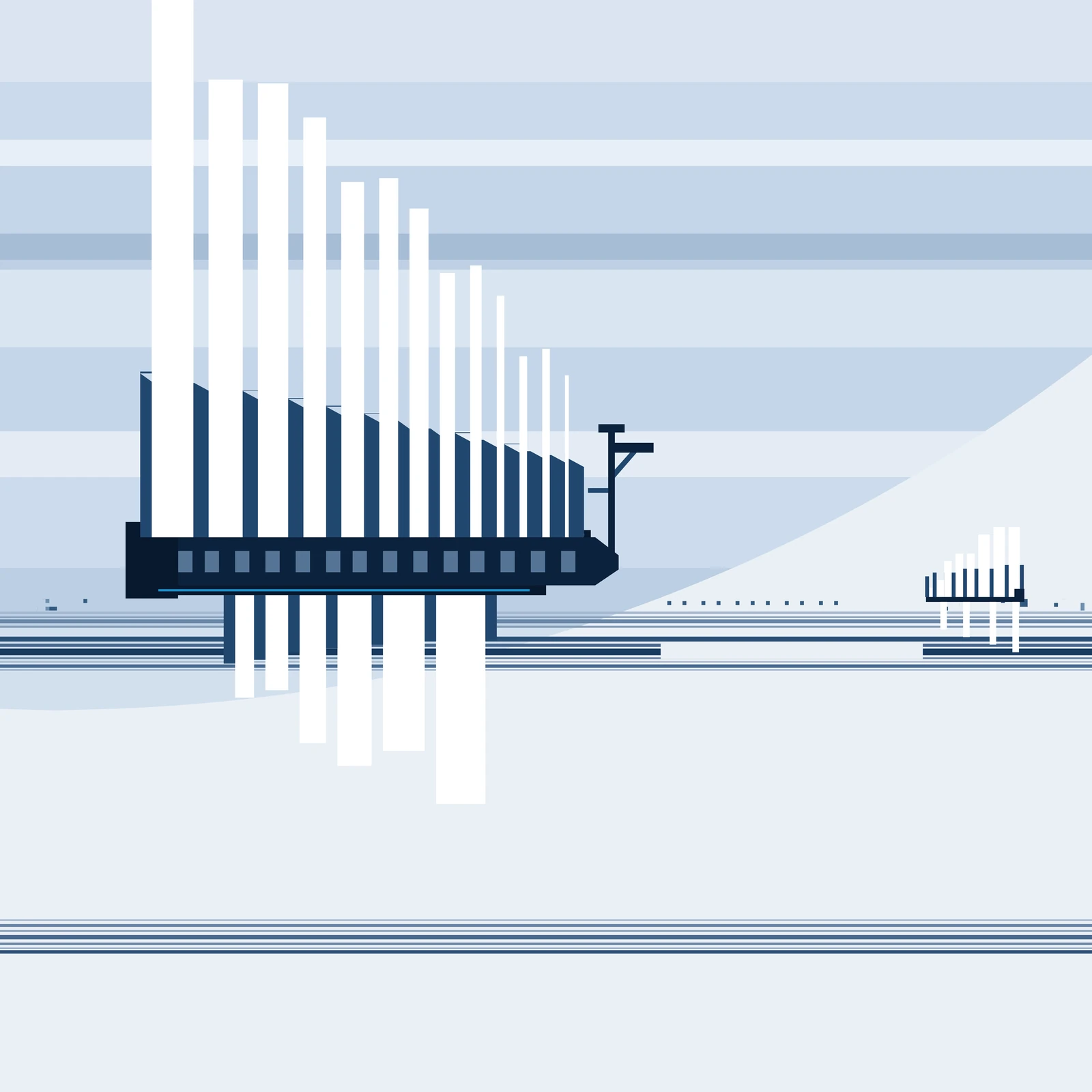 An artistic imagining, not real hardware. A flat-plane poster in blue inks on pale ice-grey paper. Low and left, a long, almost black horizontal hull stands edge-on with a row of small pale portholes along it and a thin bright blue supply line beneath. Fourteen identical dark blue radiator fins stand up from the hull in a rank, each tipped with the same small diagonal chamfer, and their tops step down evenly from left to right. Between the fins, tall columns of pure white rise into the sky: widest and tallest at the left, where the leftmost column runs clean off the top edge, then narrowing and shortening step by step to the right, with every third column notched shorter. Shorter white columns fall the other way, down through the horizontal lines below the hull. A slim mast with a long arm on one side, a short arm on the other and a diagonal brace stands at the near end. Across the lower middle of the square runs a full-width band of fine horizontal rules of graded weight, seen edge-on, with a rectangular gap swept clean out of it on the right and a justified row of small square particles at the gap's inner edge. Far right, at a fifth the size and facing the other way, a second identical fin-comb sits as a plain silhouette with its own small white intervals. Above, an enormous pale blue planet flank fills the top of the frame as flat horizontal cloud bands, one of them a hard darker stripe of ring shadow, its curved limb sweeping down to the right. A second band of fine rules crosses the empty lower third. No text, no insignia; nothing shown exists.