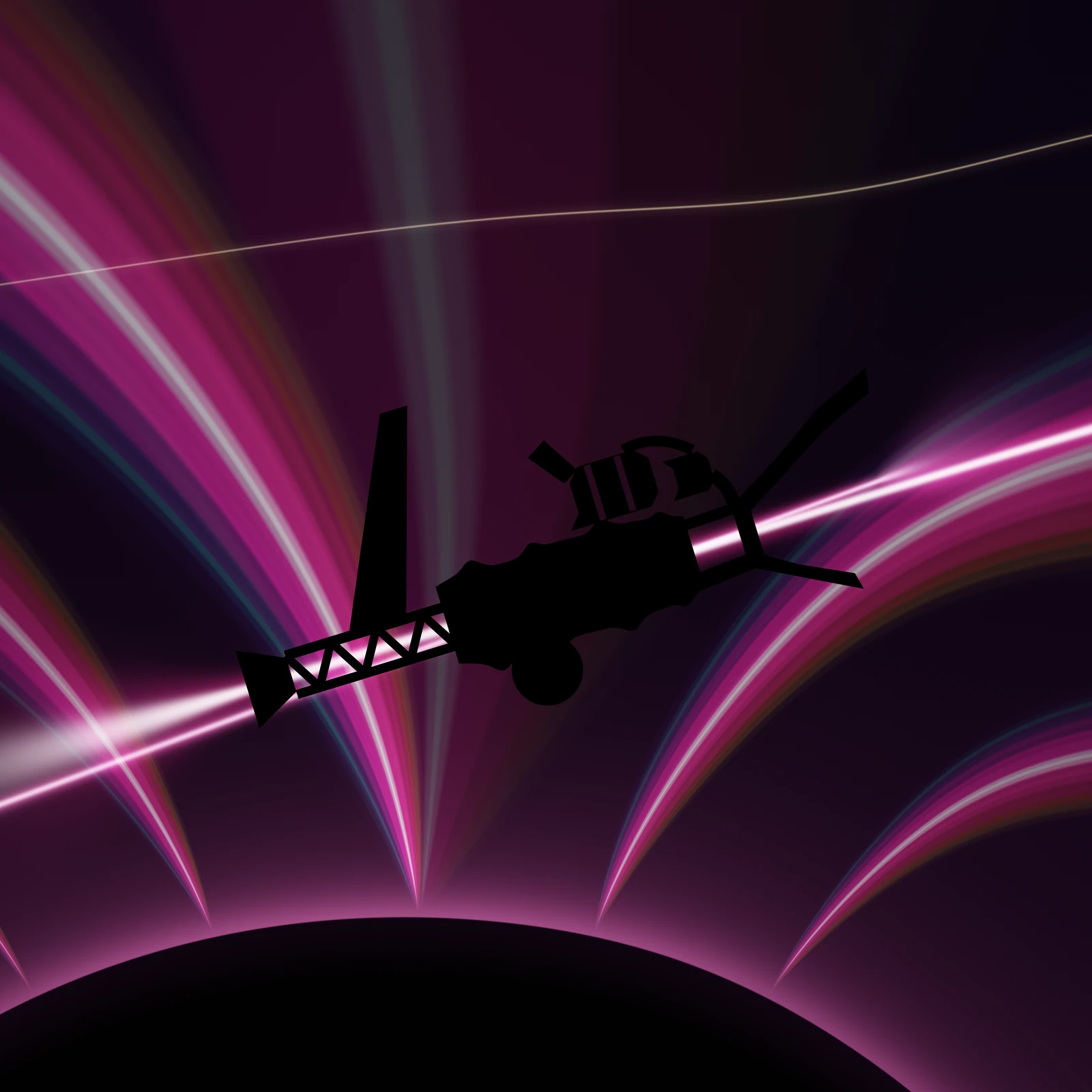 An artistic imagining, not real hardware. A dark plum-black square lit entirely from within by a curtain of erupting light. Along the bottom, the black curve of a small icy moon rises against a soft rose haze, and from its limb five geysers fan upward and outward across the whole frame, each one built of nested ribbons of flat colour that run along the flow: a white core, wide magenta and crimson planes on either side, and thin slivers of cyan, blue, orange and gold at the outer edges, all curling as they climb. Across the middle of the square, banked nose-up to the right, a long black spacecraft is cut out of that light as pure silhouette, with no highlight, rim or outline of its own: a ribbed cylindrical hull, one swept and segmented radiator fin standing above an open triangulated truss boom, a flared nozzle bell at the tail, a single sphere slung beneath the belly, a cluster of slotted process drums and pipework along its spine, and a two-lipped ram scoop reaching forward at the nose. A broad soft pink funnel of plume material narrows into that scoop from the upper right, and out of the tail to the lower left runs one straight white lance of thrust in a magenta halo. A single thin gold hairline crosses the upper sky. No text, no insignia; nothing shown exists.