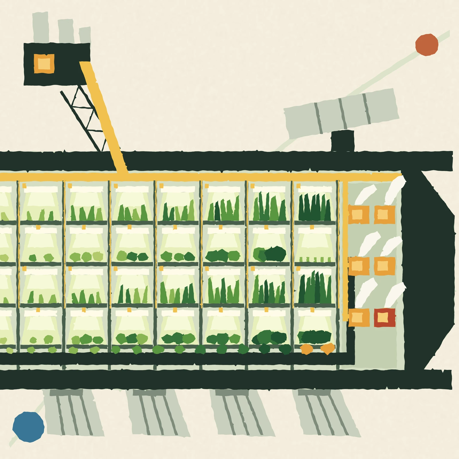 An artistic imagining, not real hardware. A warm ivory paper ground carrying a torn-paper collage. A long spacecraft hull crosses the whole square from edge to edge, capped at the right by a solid dark wedge of a bow, its skin two deep charcoal-green bands. Inside, cut away, is a farm: eight bays wide by four decks tall, ruled by ten pale stanchions and one gold bar running the length of the ship just under the ceiling. A thin gold line drops down every stanchion and ends in a small gold nub beside each deck's lamp, and each lamp is a warm white bar that lays a pale flat wedge of light down over a tray of plants. The plants get bigger and darker from left to right, from small pale sprouts at the stern to tall deep green blades and heavy round heads at the bow, and one tray near the bow has been cut back to stubble. Along the bottom of the farm a dark lane carries a line of round green and amber produce forward and up a lift into a recessed bay at the bow, where six amber plates with hotter cores, one of them clay red, give off leaning white plumes. Above the hull at the left, a dark reactor block with a hot amber square and three pale fins hangs on a braced boom, with one gold conductor running down it into the bar. Four finned radiator panels hang below the hull and one more stands above it on a mast. A pale ribbon crosses the paper from corner to corner behind everything with a small blue disc low left and a small rust disc high right on it. Every edge in the picture is torn, not drawn. No text, no insignia; nothing shown exists.