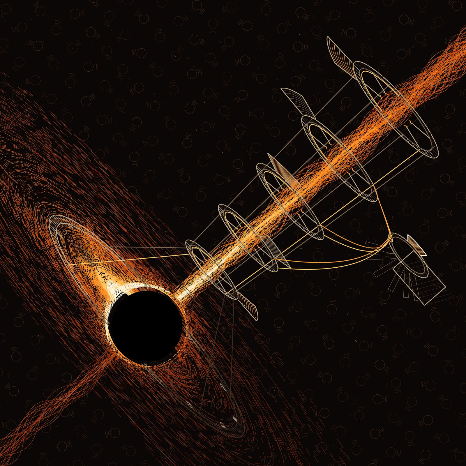 An artistic imagining, not real hardware. Warm-orange line-work on a near-black woven ground: a spinning black hole sits low and left, a true black disc ringed by a thin blazing rim, with its accretion disc running corner to corner as a broad band of drawn arcs and dashes, white hot on the approaching arm and sinking to dim ember on the receding one. A narrow truss ring, drawn as two fine concentric ellipses with rungs between them, is built into the disc and is interrupted where it passes behind the hole. A braided beam erupts from the rim of the shadow and climbs the opposite diagonal to the upper right corner. Five collector hoops of increasing size stand threaded on that beam, each a double ring with rungs, four stubs reaching in toward the beam and one hatched wedge vane on its rim, the vanes stepping round by a fixed angle from hoop to hoop; long struts tie the hoops into one tower and four legs carry it down to the ring in the disc. Gold cables sweep from the tower to a small works at the right, a hoop with its own vane, a hatched box and a fan of radiator fins. The dark field carries an all-over repeat of the same circle-and-wedge unit, drawn faintly. Every mark is a pen stroke and all tone is stroke density. No text, no insignia; nothing shown exists.