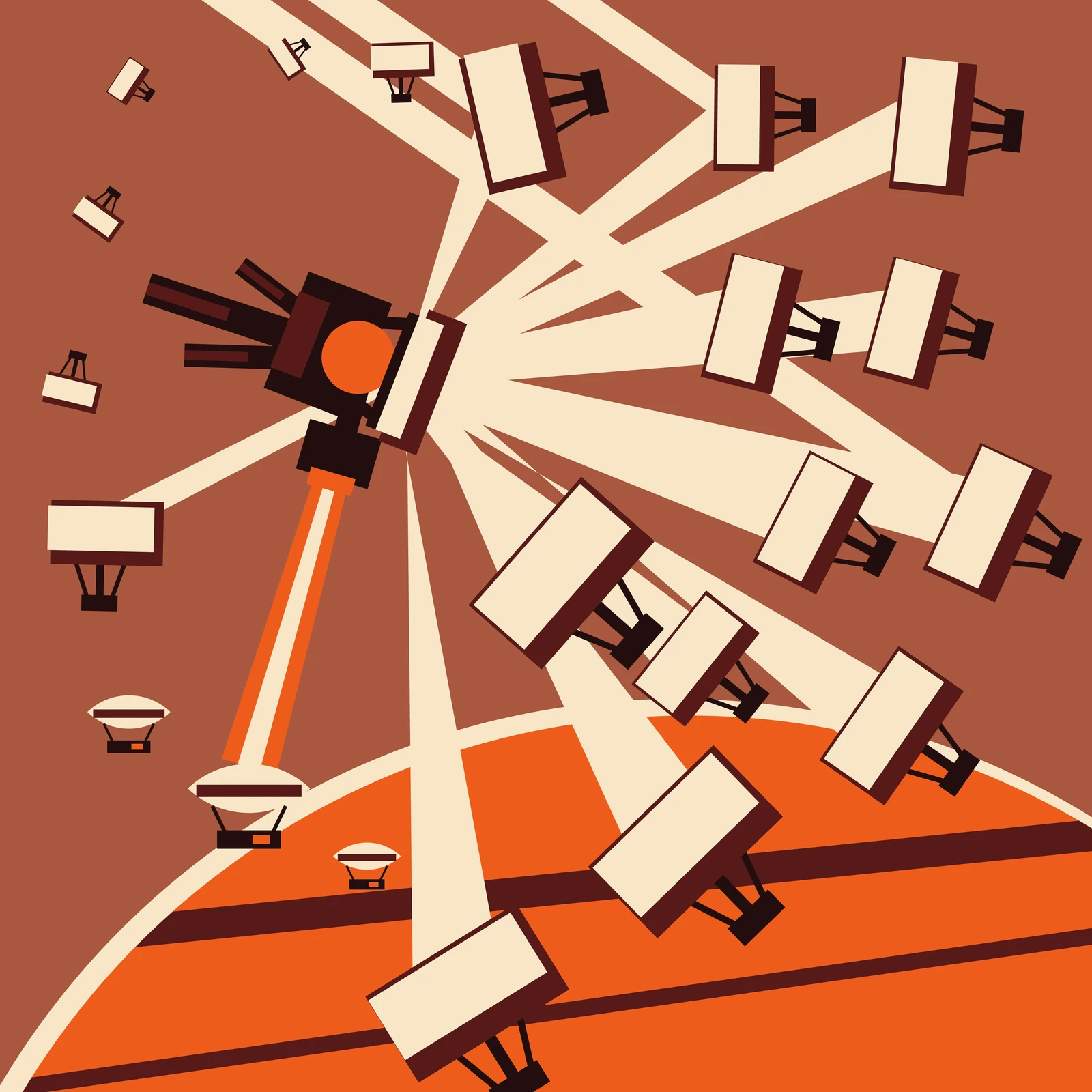 An artistic imagining, not real hardware. A flat poster square in five reds. The field is brick red; across the bottom rises the huge vermilion curve of Venus, edged with a thin cream line of sunlit limb and crossed by two dark oxblood cloud bands. Scattered across the field are eighteen flat cream rectangles seen at varied tilts, each one a mirror carried on a short black boom with a small black equipment box behind it. Thirteen of them throw hard-edged tapering wedges of cream light inward, and all thirteen wedges converge on one point left of centre, where a compact black machine stands: a blocky hull, a bright vermilion circle of a boiler, a flat cream absorber plate turned to face the incoming light, and three black radiator fins fanned out behind. Three constant-width cream bands enter from the top edge and end on mirrors, showing where the sunlight comes from. Below the machine a boom points down and emits one straight vermilion lance with a cream core, which drops to a line of three cream lens-shaped aerostats hanging over the planet's cloud tops on black gondolas. Nothing is shaded, outlined or blended. No text, no insignia; nothing shown exists.