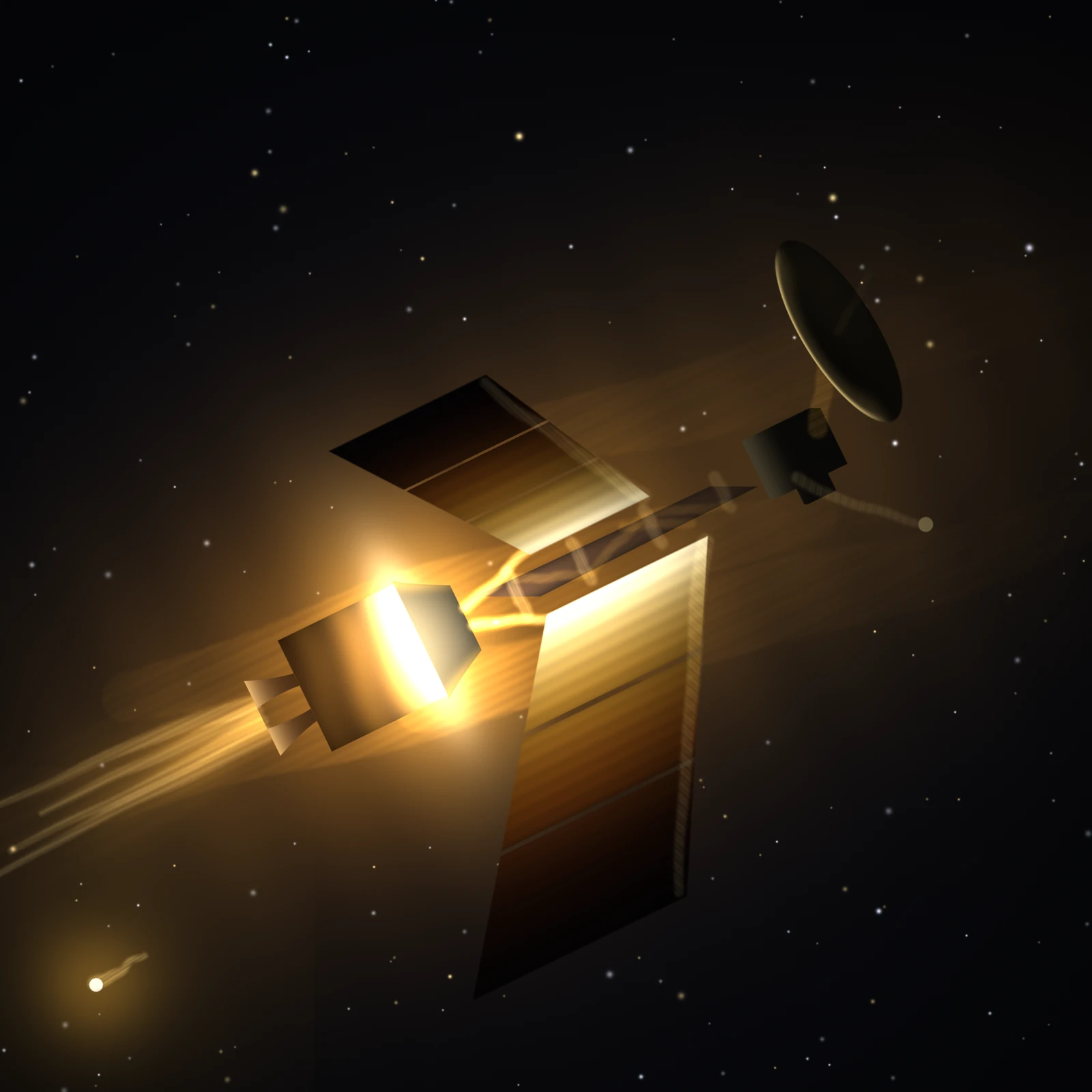 An artistic imagining, not real hardware. A near black square, lit only from inside it. A long spacecraft crosses the middle of the frame on a diagonal, entering low on the left and climbing out at the upper right. At its tail sits a squat reactor drum with a small cluster of thruster bells behind it, and between the drum and the rest of the vehicle a narrow throat blazes white gold, throwing an elongated pool of warm light across the flat dark ground like a stage light. A short conical shadow shield stands forward of that throat, its reactor facing side brilliant and its forward side falling to shadow. Two glowing coolant lines run forward from the throat along a slim truss boom and into the roots of two radiator wings of deliberately unequal size and sweep, each wing a stack of separate flat panels raked back like trailing coat tails; the panels are white hot where they meet the boom and cool outward through gold and amber to a dark ember that sinks into the background at the tips. Behind the thrusters a soft gold column of exhaust streams away to the lower left in loose brushed filaments. Forward of the wings, far from the one light, the equipment bus, a slender instrument boom with a small pale sensor bead, and a strongly foreshortened high gain antenna dish mounted off axis on a short mast are almost pure silhouette, the dish carrying only a thin bright crescent along the edge that faces the reactor. Low in the bottom left corner the Sun is a small bright pin in a faint halo, far too distant to light anything. Scattered stars fill the dark. Everything is rendered in soft continuous tone with no outlines and no hard geometric edges. No text, no insignia; nothing shown exists.