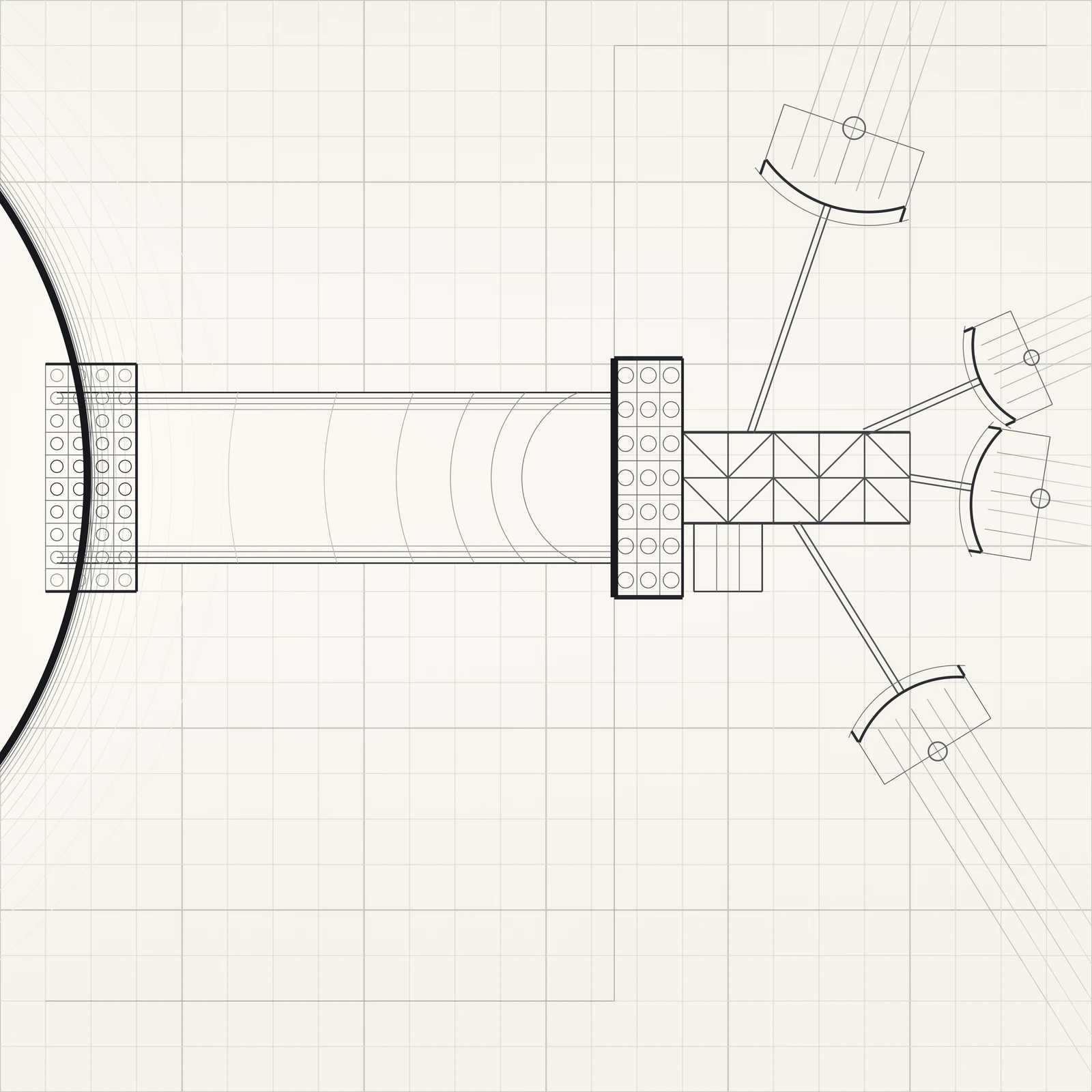 An artistic imagining, not real hardware. A ruled drawing in graphite line on a warm ivory field, built entirely from straight rules and circular arcs over a faint square construction grid that covers the page. At the right stands a relay spacecraft drawn in flat elevation: a short triangulated boom with a small equipment box slung beneath it, and four parabolic receiving dishes on slender struts, each a different size and each tilted to a different angle, one aimed up and off the top edge, two aimed out to the right, one aimed down toward the lower right. Into each dish runs a narrow bundle of three fine parallel rays that enters from beyond the frame and brightens as it nears the aperture. On the left face of the spacecraft is a tall transmitting plate divided into a grid of small ringed cells. From that plate a wide corridor of light runs dead horizontally across half the page, its upper and lower edges made of four close parallel rules that space apart as they move inward, its interior crossed by seven shallow arcs struck from the plate that widen apart as they travel. Where the corridor reaches the left edge, the heavy black curve of a planet's limb rises, ringed outside by a graded halo of fine arcs standing for the sun directly behind it. A rectangular receiving field of small ringed cells sits astride the limb where the corridor lands, its cells drawn darkest along the corridor's axis and fading above and below. The construction grid stops inside the corridor and inside the planet, so those two areas are bare paper and are the brightest things in the frame. Two thin page rules and one vertical rule frame the composition asymmetrically. Nothing is filled, and no text, lettering, numerals or insignia appear anywhere. The scale is diagrammatic rather than literal, and nothing shown exists.